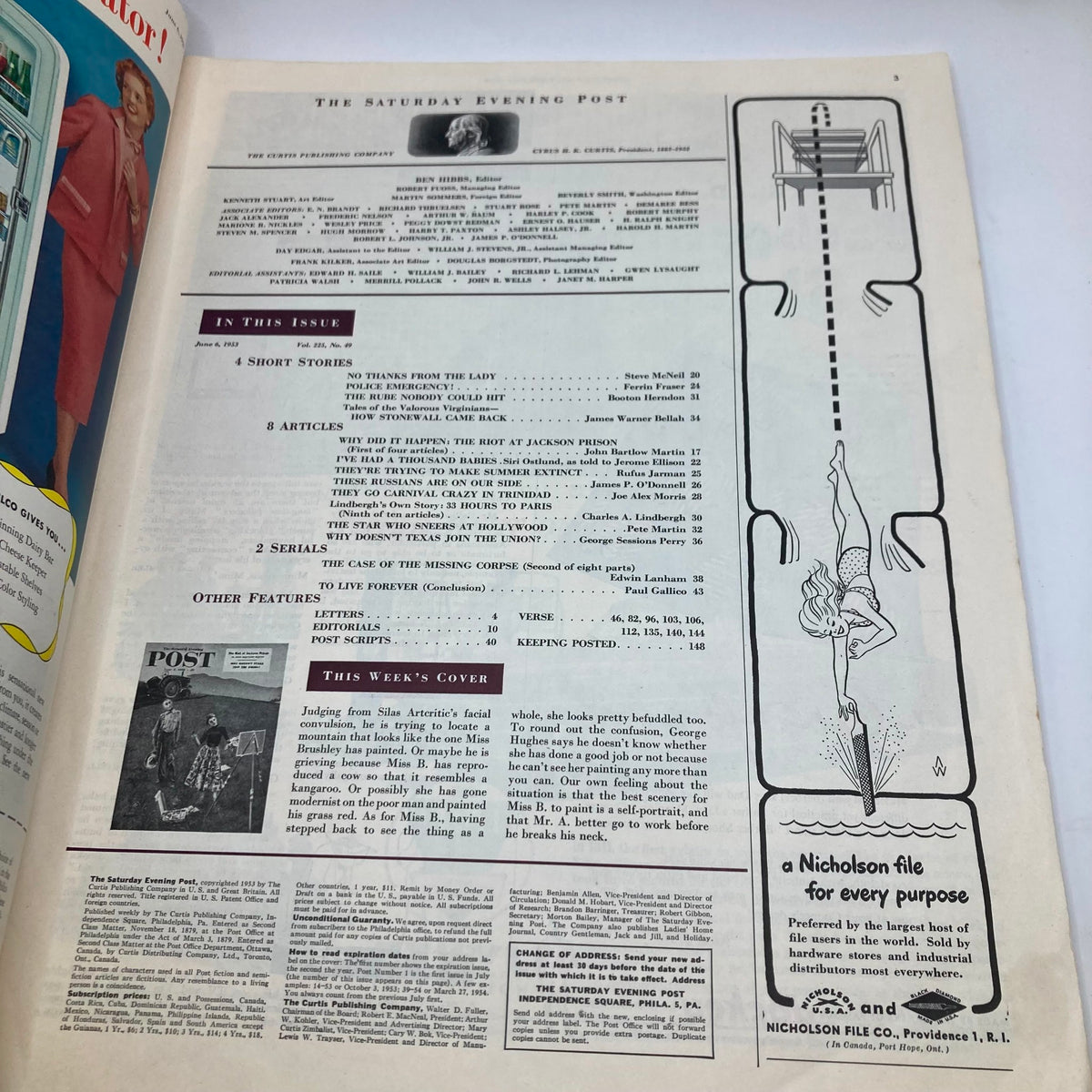 Interior page of Saturday Evening Post Magazine June 6, 1953 showcasing the articles and features, highlighting the magazine's diverse content from the era.
