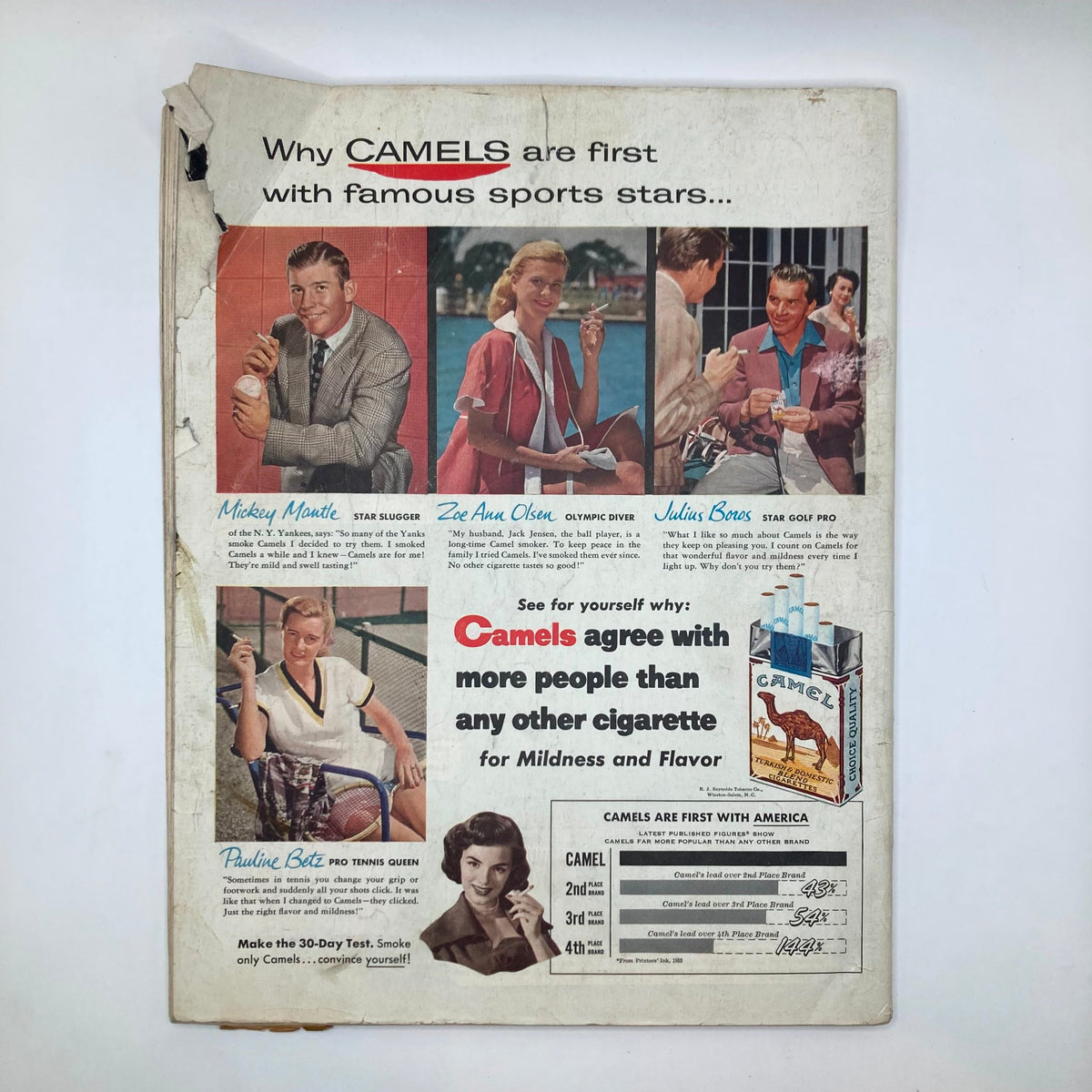 A vintage advertisement from the Saturday Evening Post Magazine September 19, 1953, featuring famous sports stars endorsing Camels cigarettes, including Mickey Mantle, Zoe Ann Olsen, and Julius Boros.