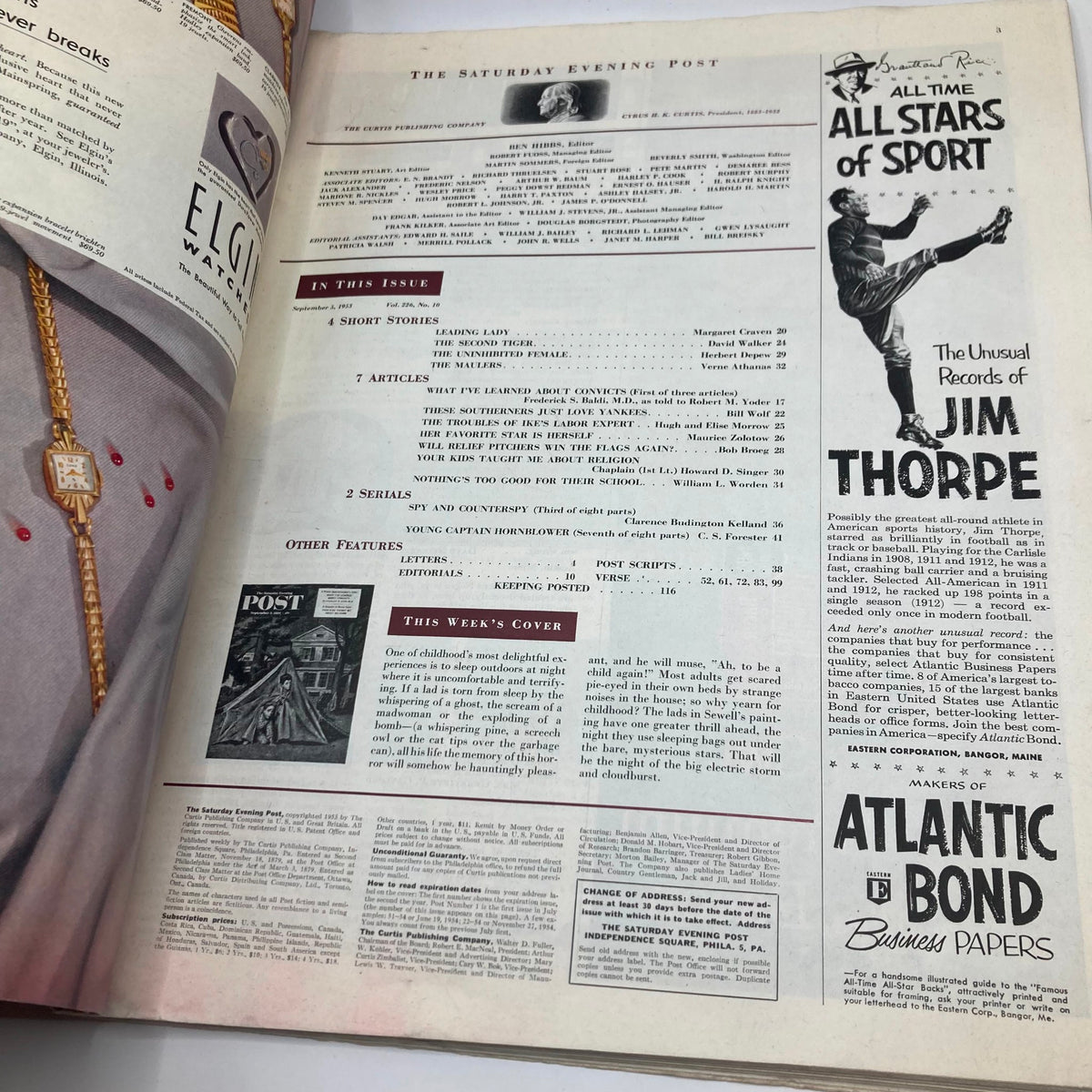 Interior page of the Saturday Evening Post Magazine September 5, 1953, featuring the table of contents and other featured articles.