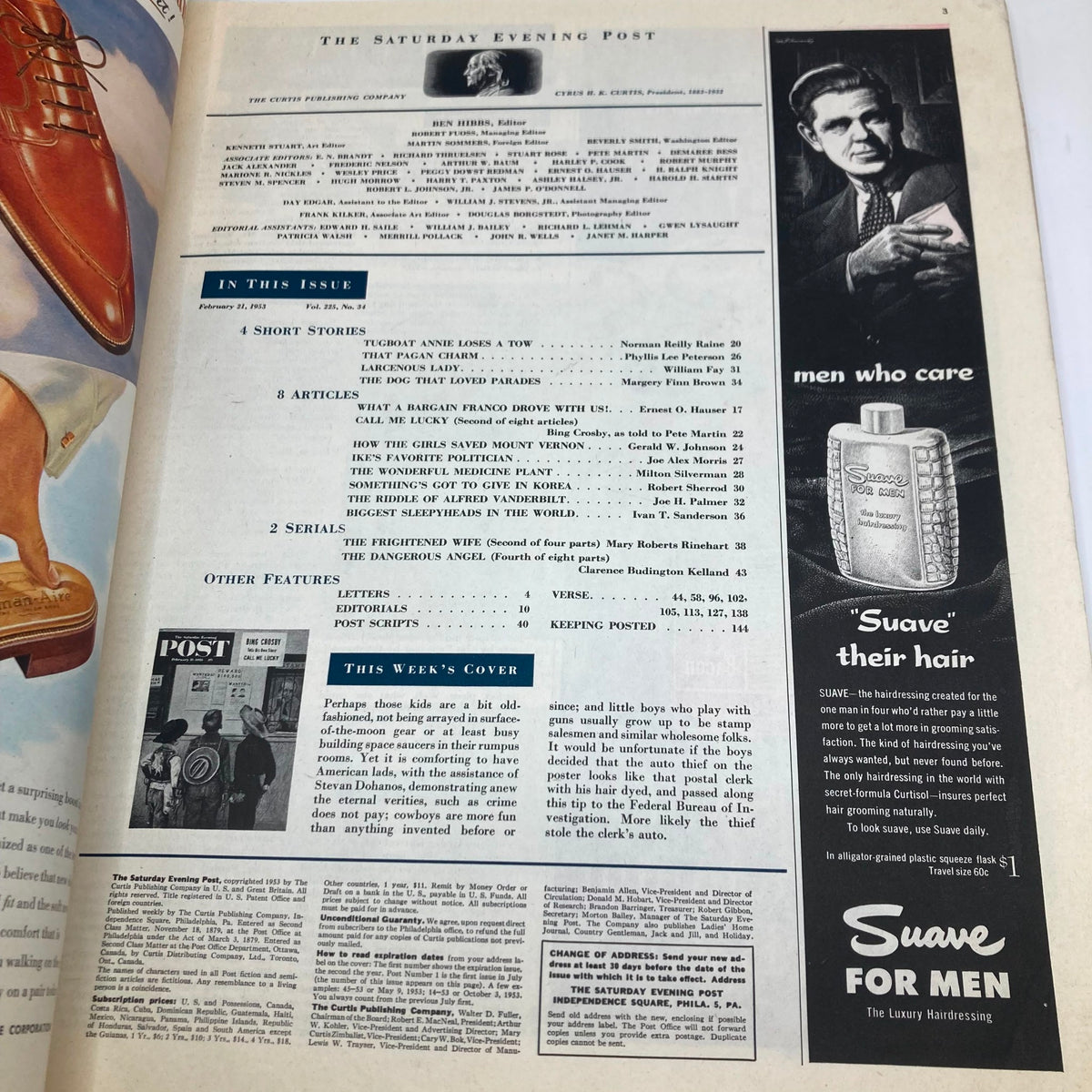 Inside page of Saturday Evening Post Magazine dated February 28, 1953 featuring articles and advertisements related to the era, showcasing a blend of vintage aesthetics and culture.