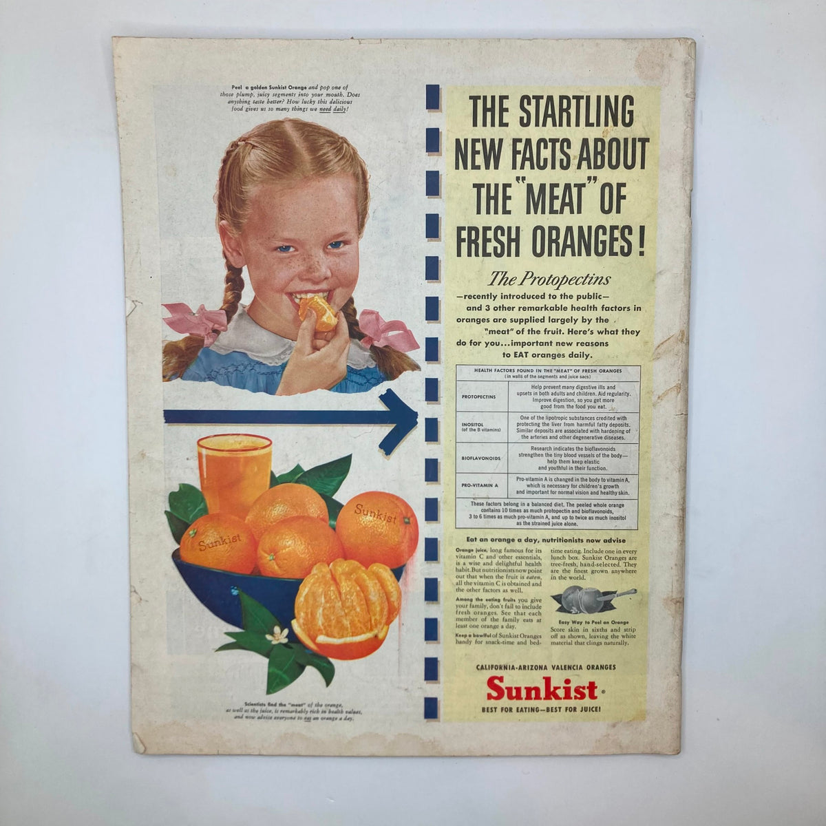 Advertisement page from the Saturday Evening Post Magazine August 1, 1953, featuring a young girl enjoying oranges, promoting the health benefits of fresh fruit.