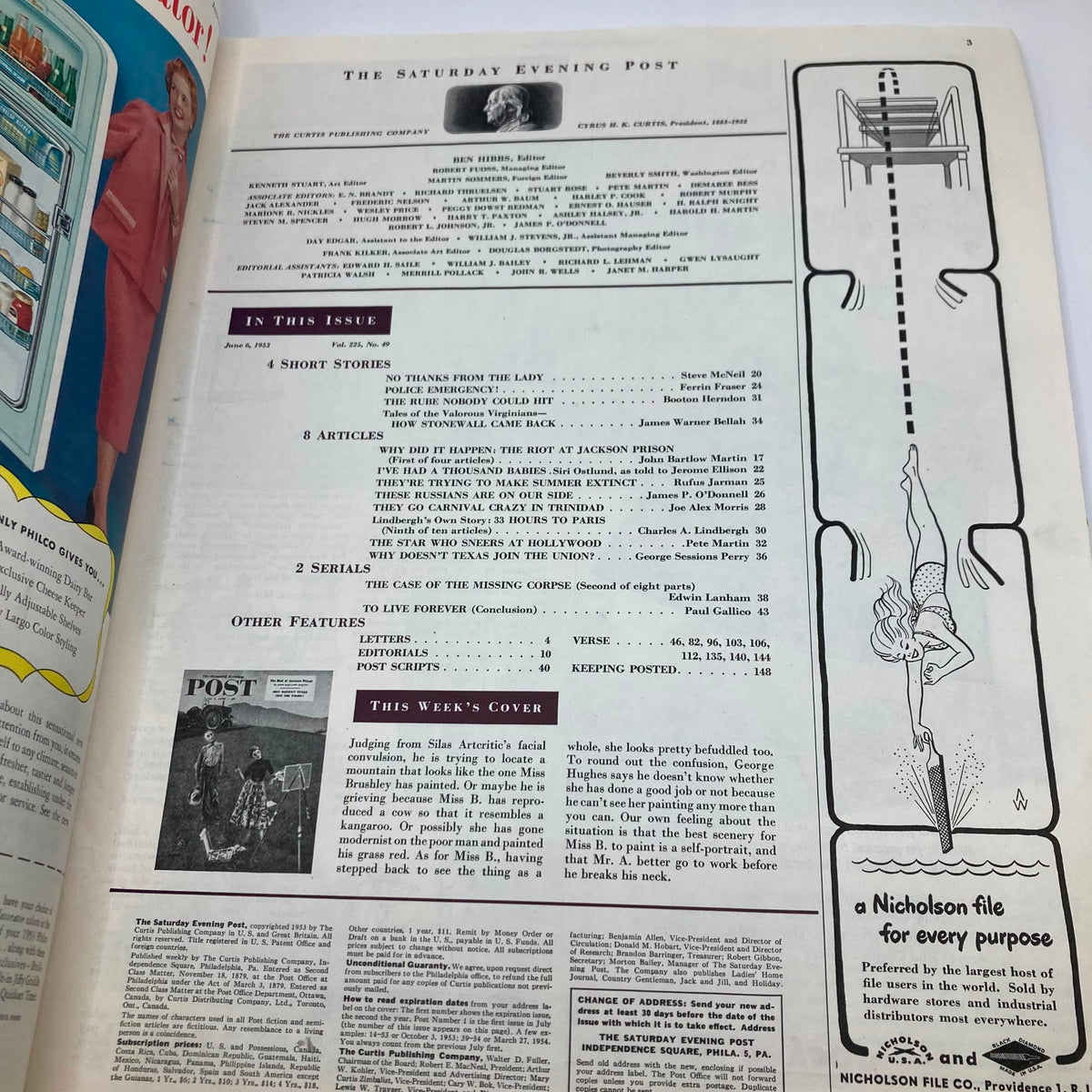Interior page of the Saturday Evening Post Magazine from June 6, 1953 showcasing the table of contents and cover illustration description with a vintage aesthetic.