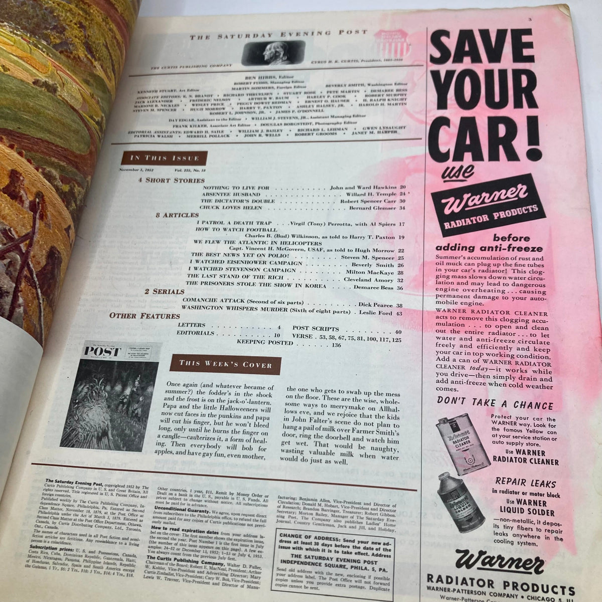 Interior page of Saturday Evening Post Magazine November 1, 1952 featuring article sections and an advertisement. Includes the magazine's title and content outline.