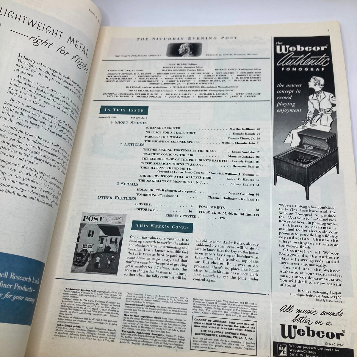 Interior page of Saturday Evening Post Magazine August 23, 1952, displaying articles and features from the issue, including a highlight on the cover illustration 'Papa's Key Ring'.