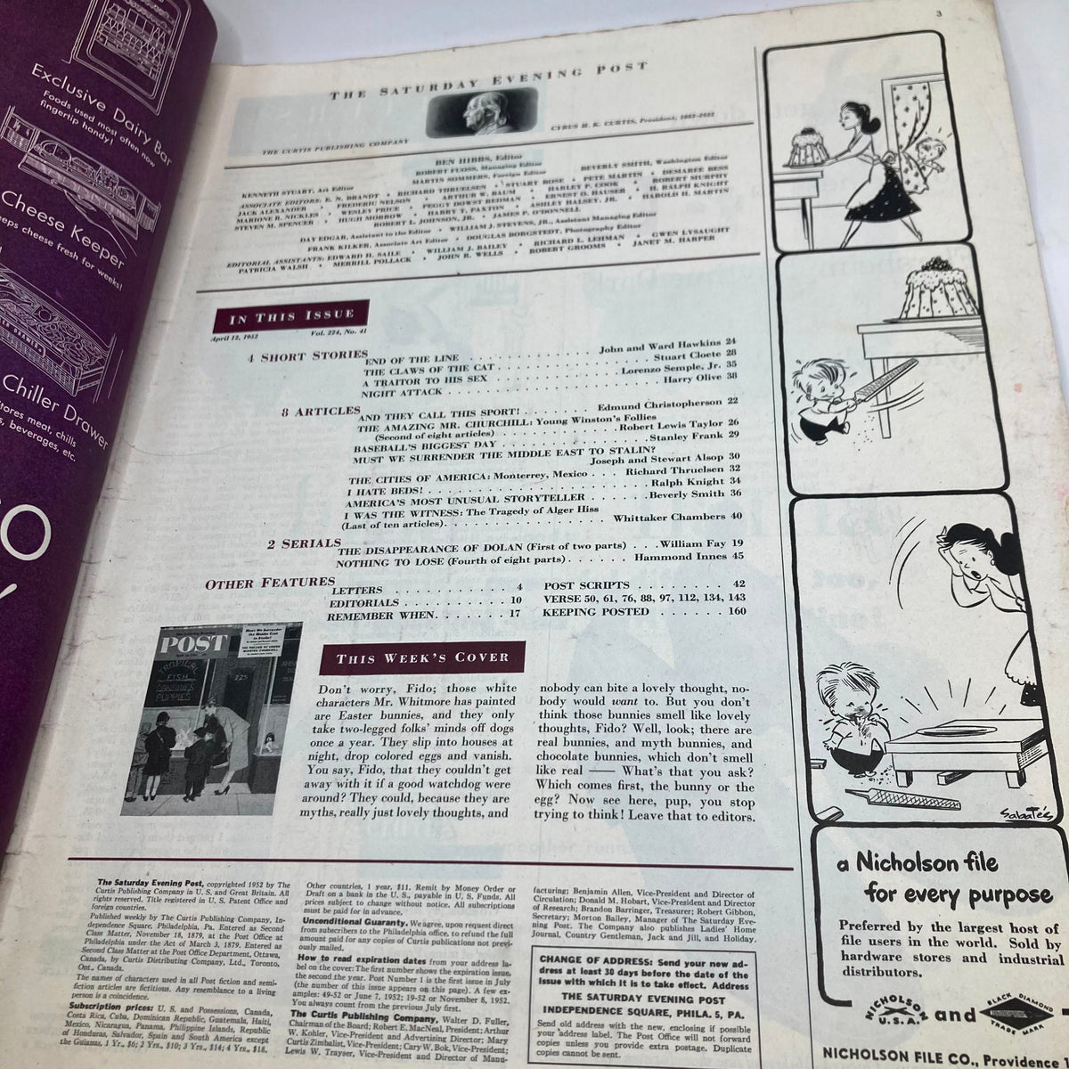 Interior pages of the Saturday Evening Post Magazine April 12, 1952, showcasing the table of contents and articles related to mid-century America.