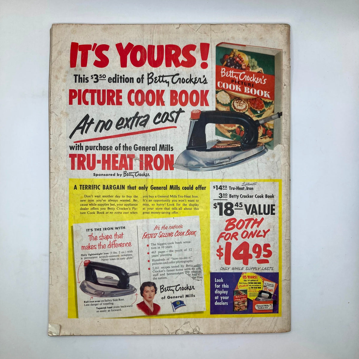 Back cover of the Saturday Evening Post Magazine from April 26, 1952, showcasing an advertisement for Betty Crocker's Picture Cook Book and General Mills Tru-Heat Iron.