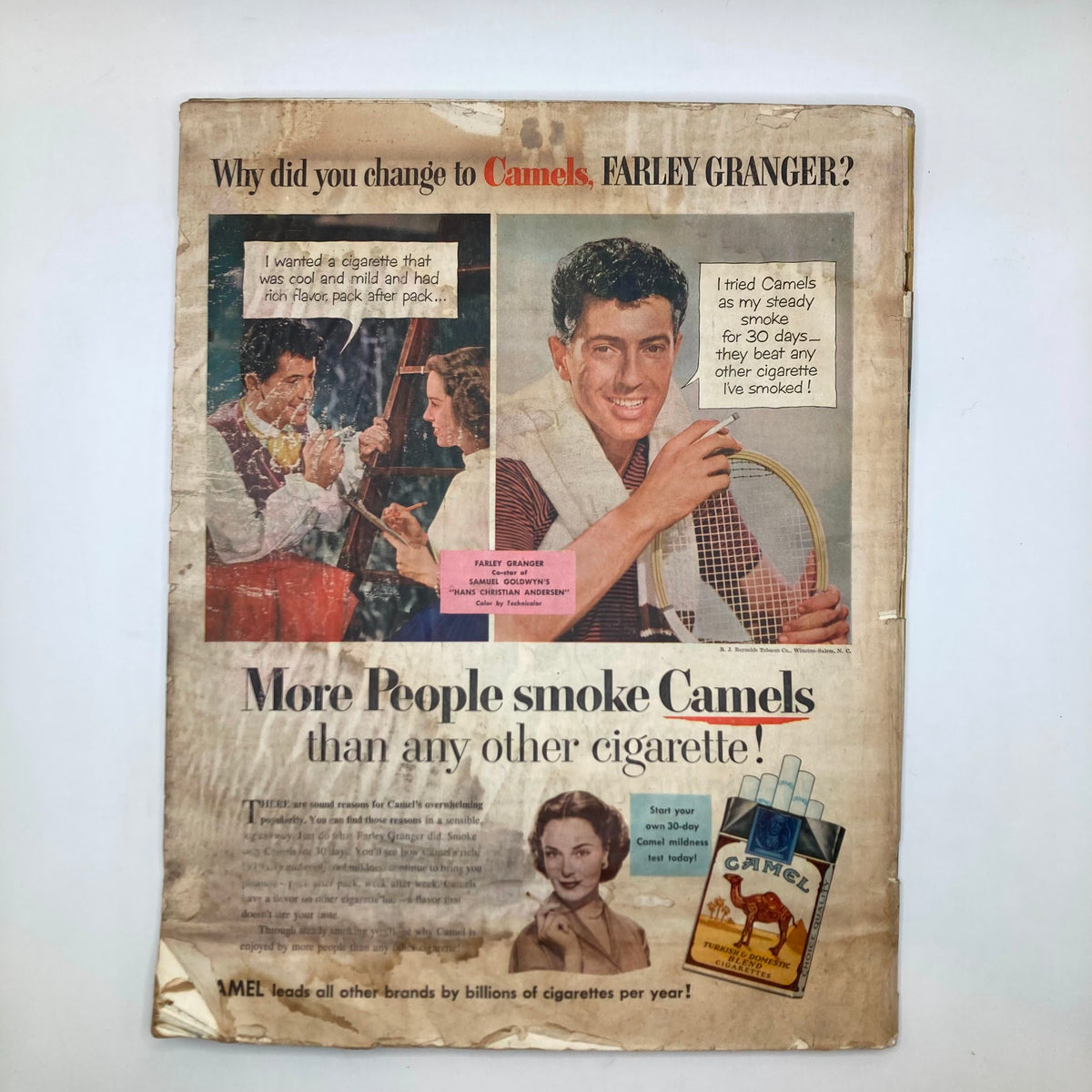 Back cover of the Saturday Evening Post Magazine October 25 1952, featuring an advertisement for Camels cigarettes, promoting their favorable qualities with a colorful depiction of Farley Granger.
