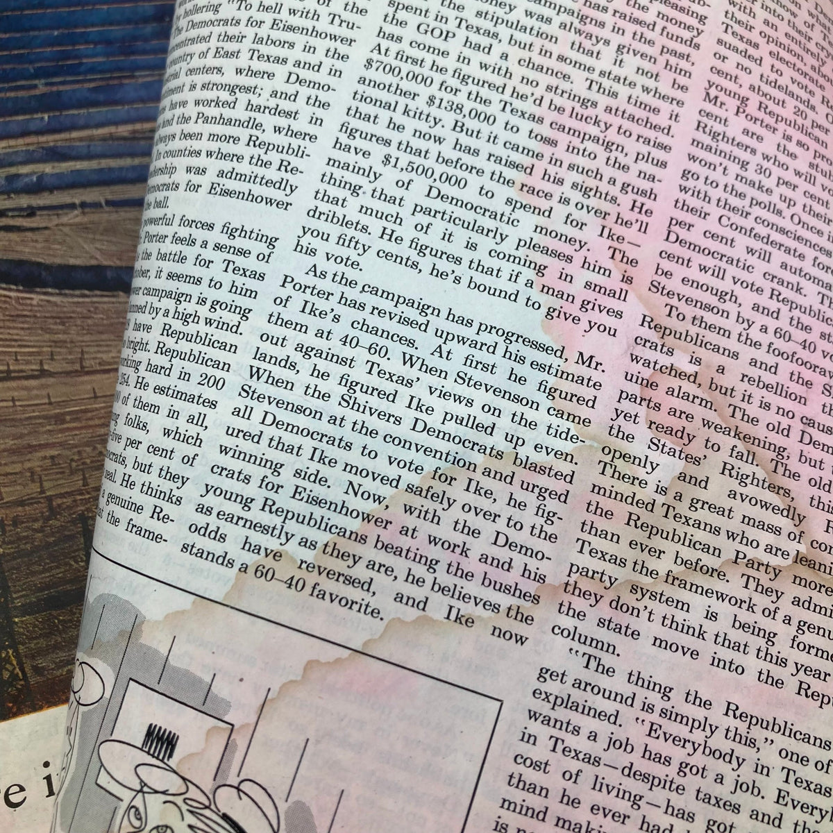 Close-up view of an article from the Saturday Evening Post Magazine October 25, 1952, featuring text discussing political dynamics and voting trends of the early 1950s.