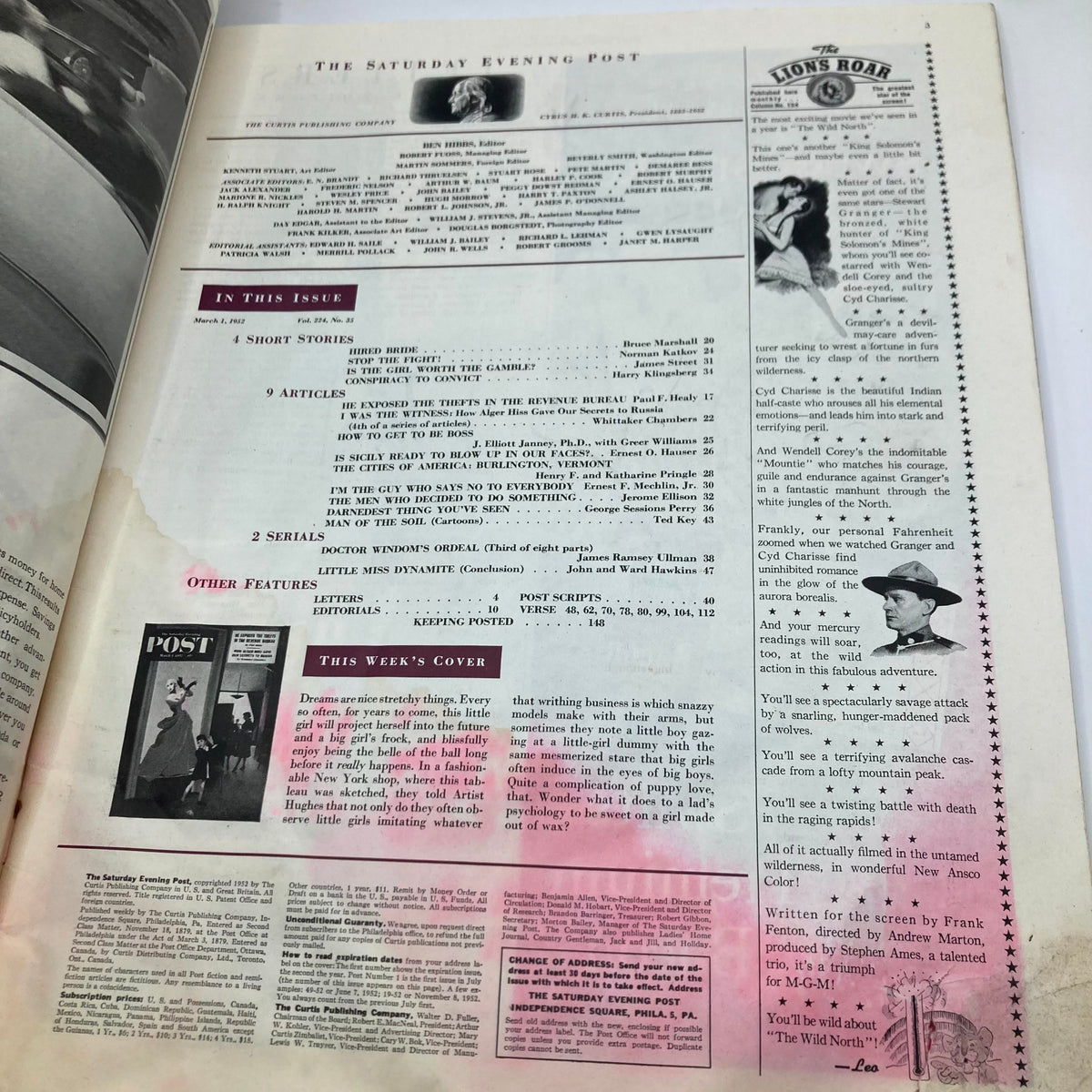 Interior page of Saturday Evening Post Magazine March 1 1952 showcasing articles and illustrations.