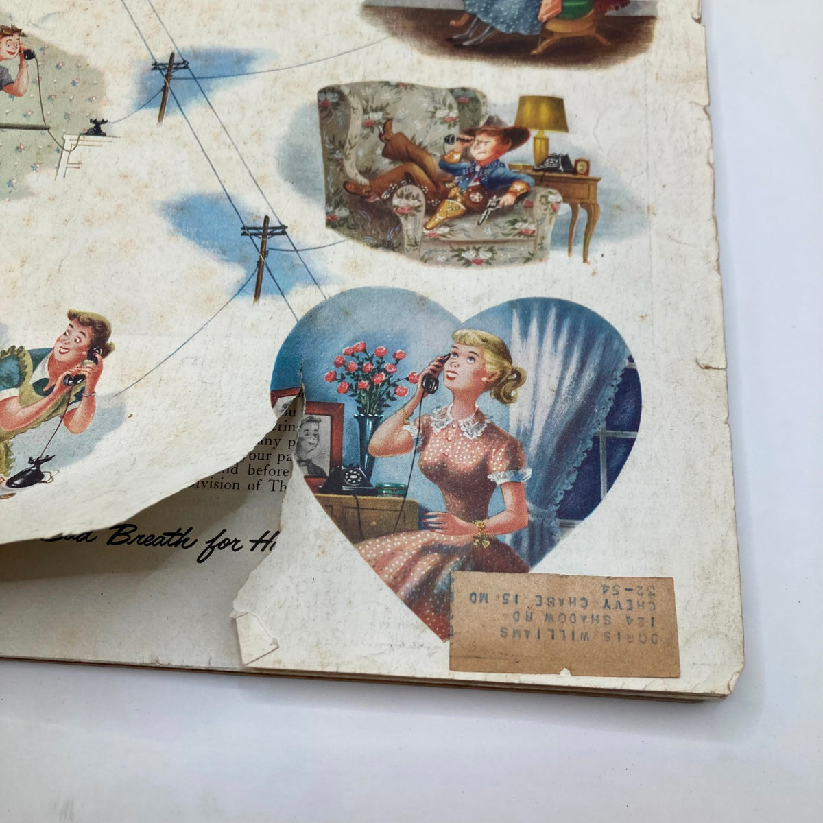 Detailed view of the cover illustration from The Saturday Evening Post Magazine, June 7, 1952, by Constantin Alajalov, highlighting characters in heart-shaped frames engaged in various activities.