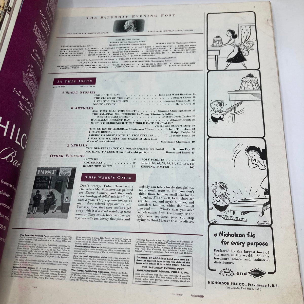 Inside page of the Saturday Evening Post Magazine from April 12, 1952, showcasing the table of contents and features of the issue, highlighting stories and articles relevant to the mid-20th-century era.