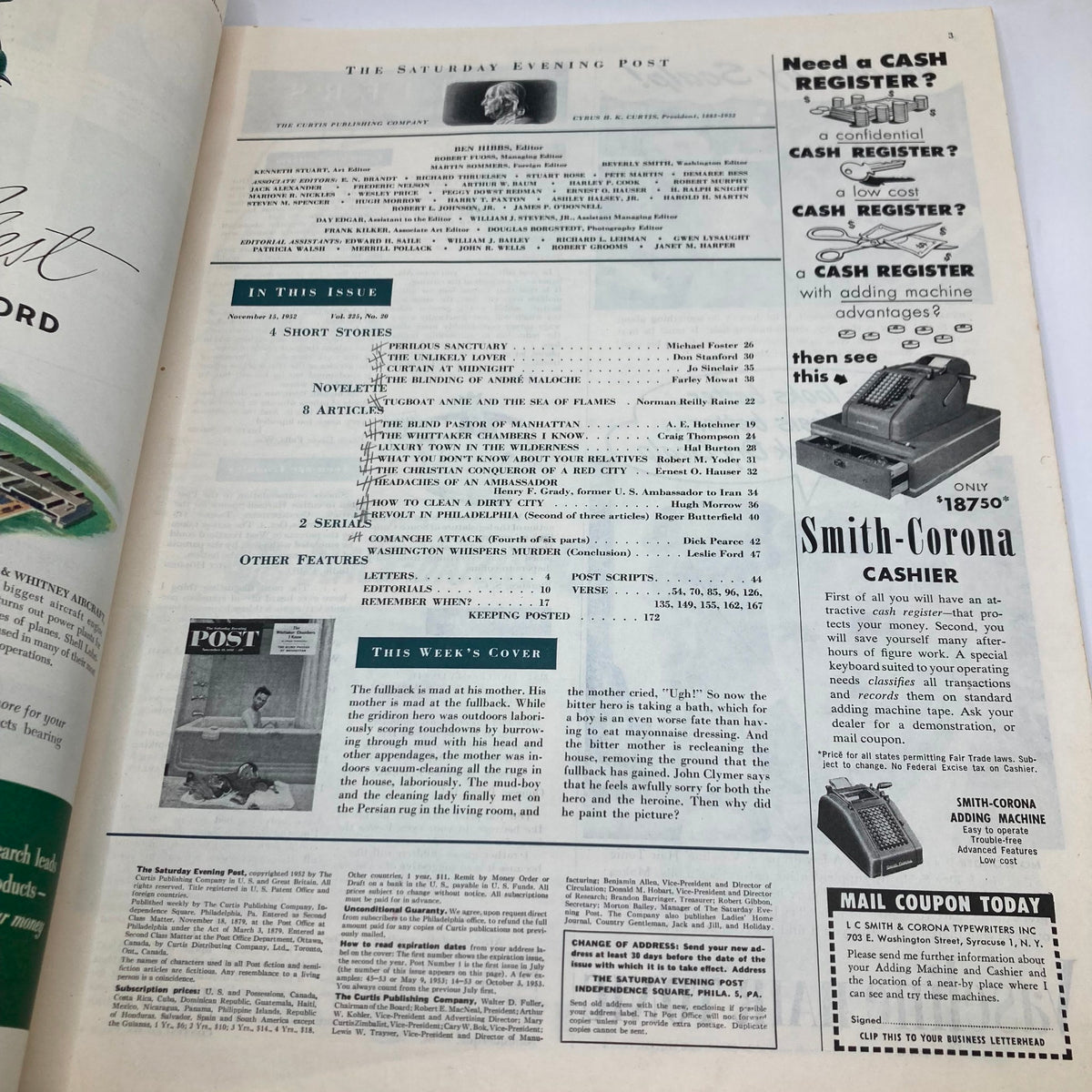 Inside page of Saturday Evening Post Magazine November 15, 1952, highlighting content and features, including articles and advertisements, with a focus on the issue's cover.