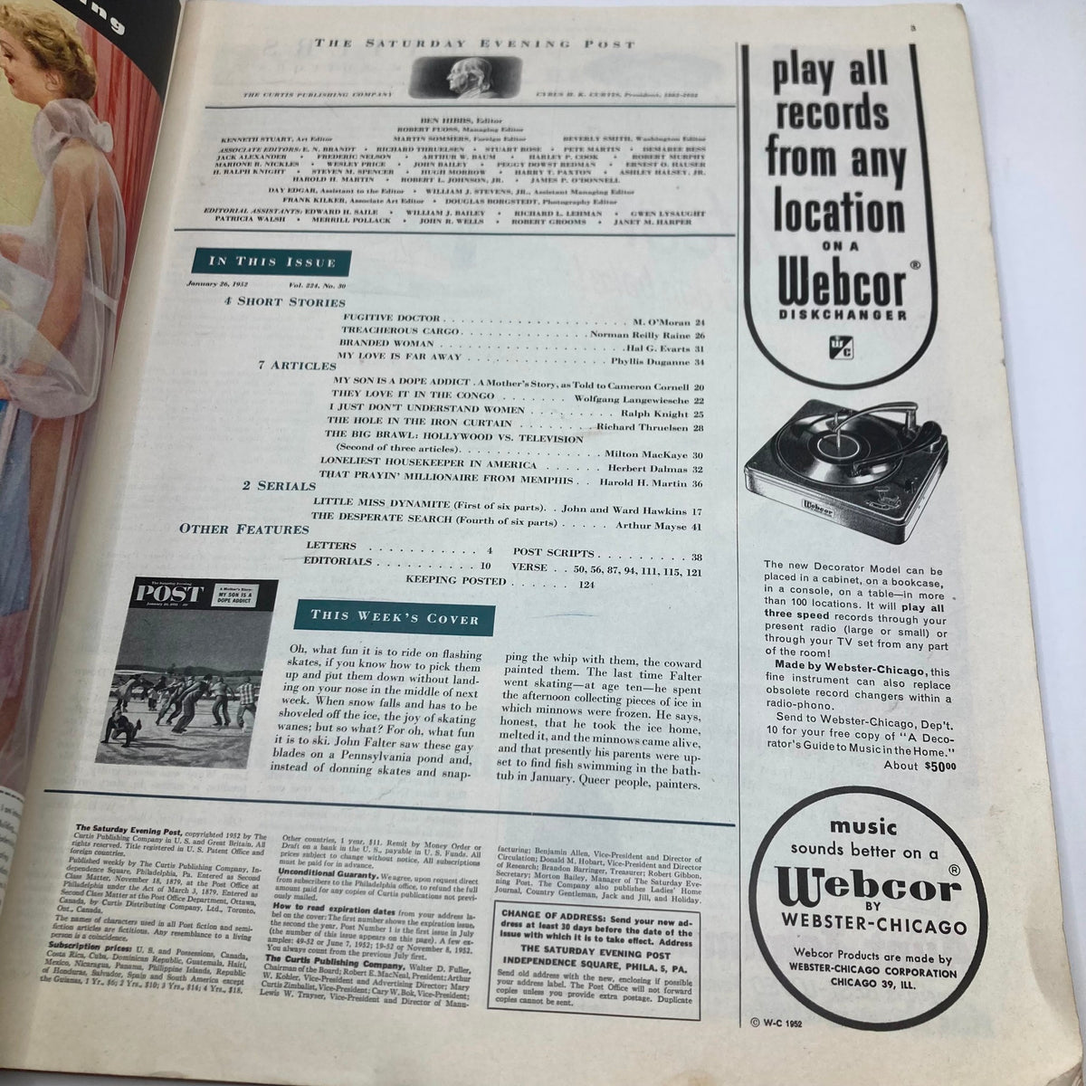 Interior page of the January 26, 1952 Saturday Evening Post magazine, featuring the table of contents and articles including 'My Son is a Dope Addict'.