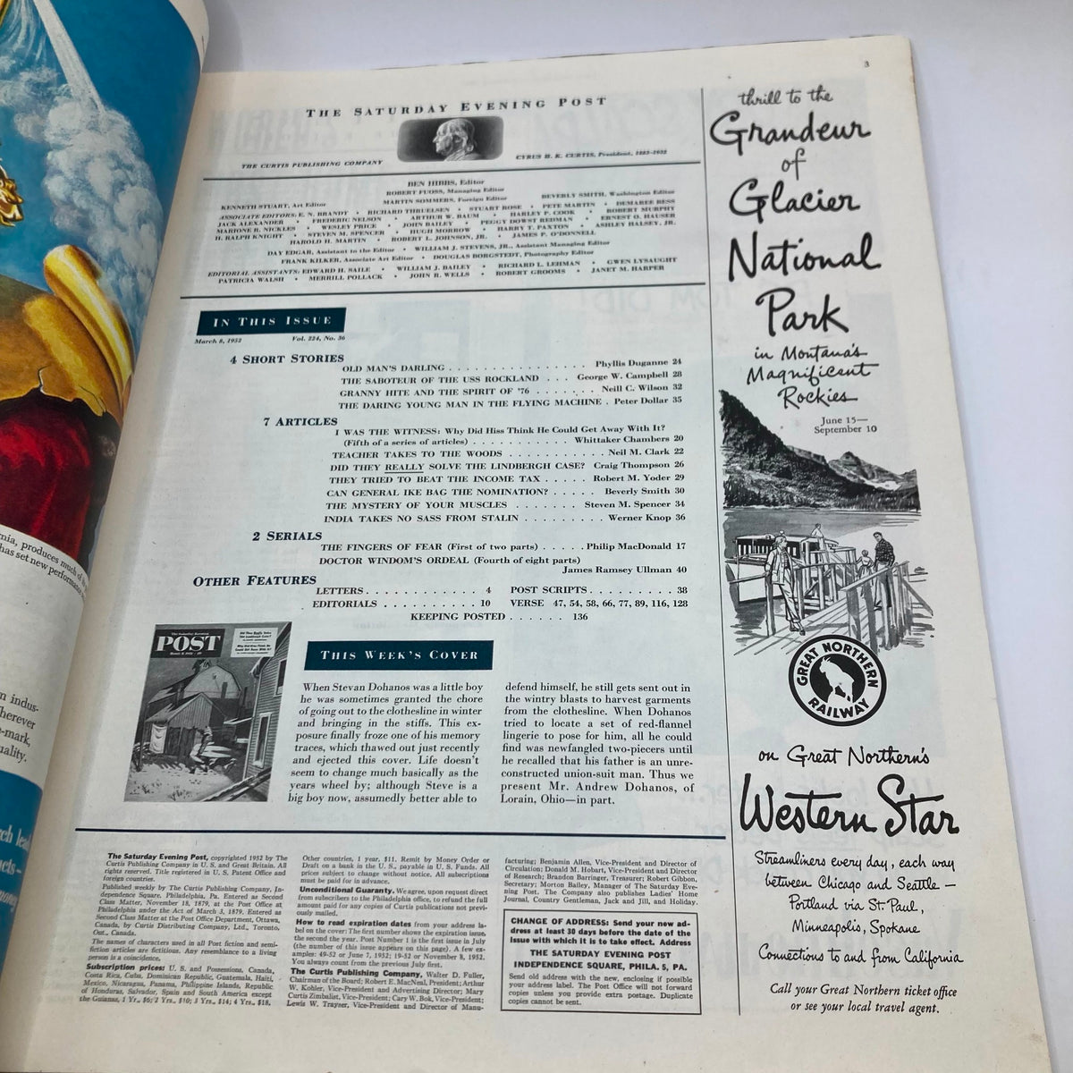 Interior page of Saturday Evening Post Magazine March 8 1952 with articles and features listed, showcasing the magazine's editorial layout.