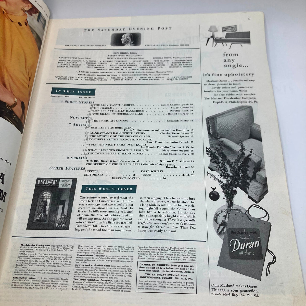 Interior page of the Saturday Evening Post Magazine December 27, 1952, showcasing the table of contents and features of the issue, including articles and artwork descriptions.