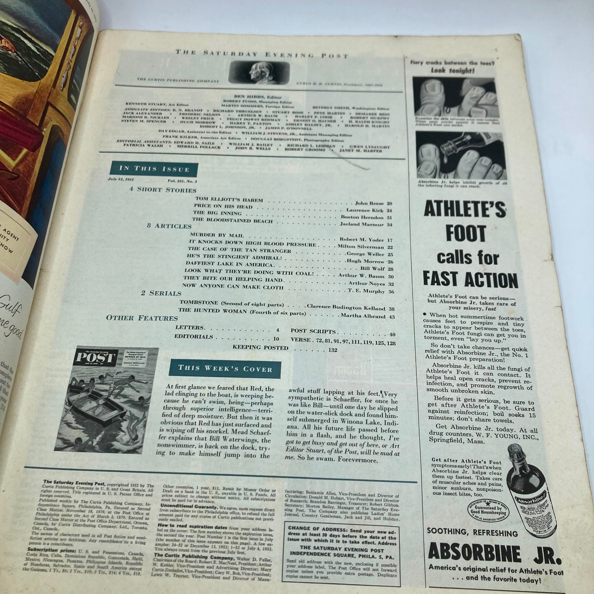 Inside page of Saturday Evening Post Magazine July 12 1952, showing the table of contents and articles from that issue.