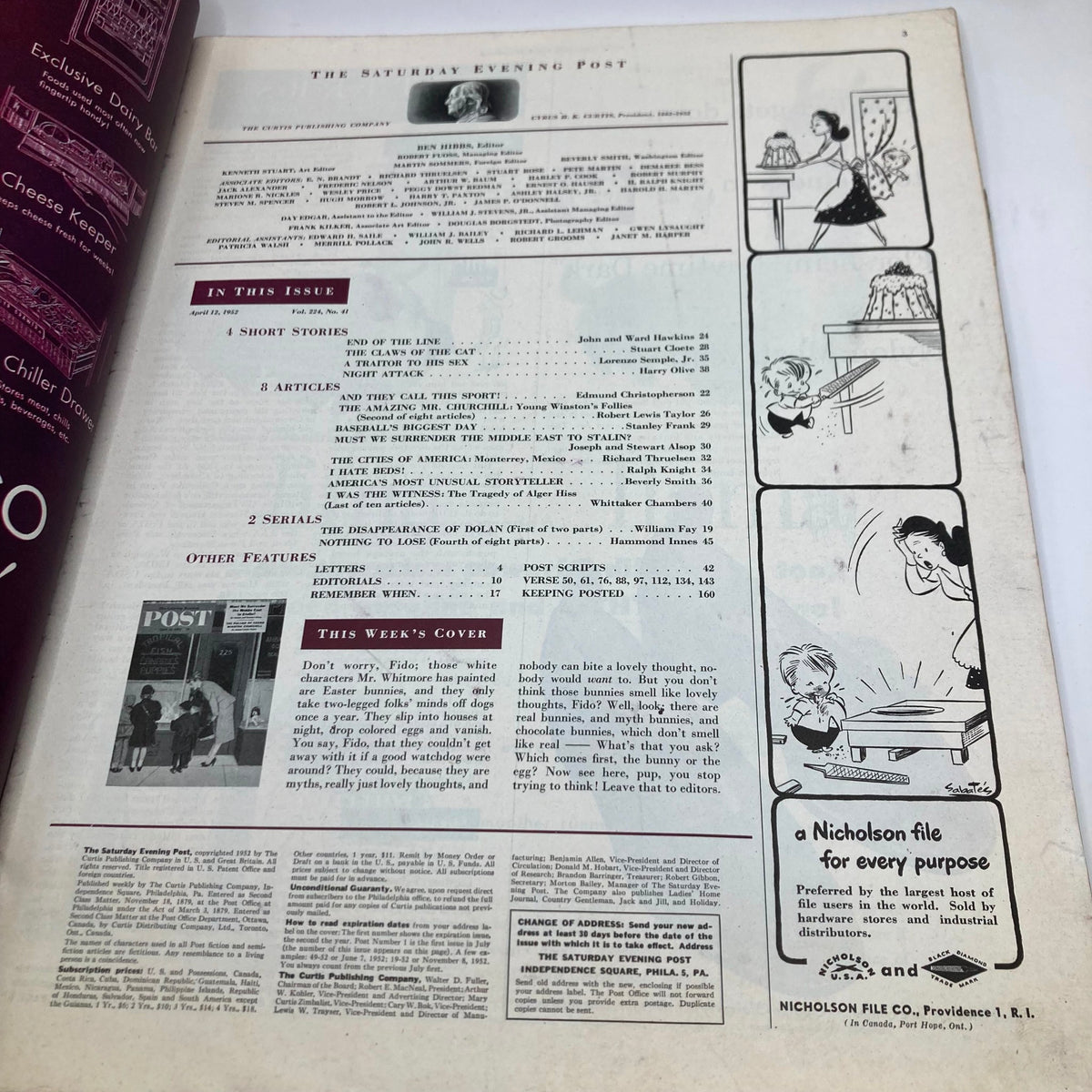 Interior page of the Saturday Evening Post Magazine April 22, 1952 displaying the table of contents and articles of the issue.