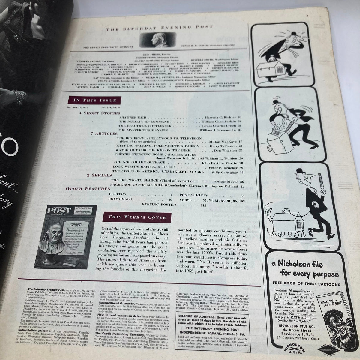 Inside page of the Saturday Evening Post Magazine January 19 1952 showing the table of contents and features of the magazine.