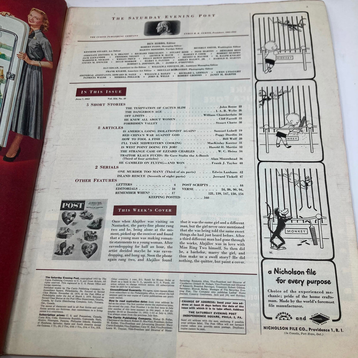 Interior page of the Saturday Evening Post Magazine June 7, 1952 highlighting the table of contents and featuring a nostalgic design.