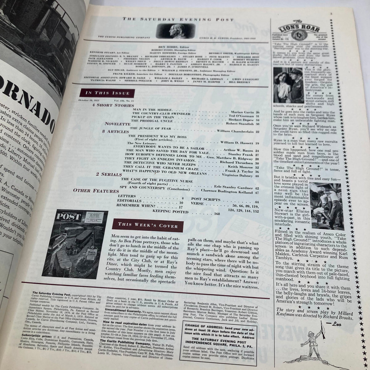 Inside page of Saturday Evening Post Magazine from October 10, 1953 showcasing the table of contents and highlights of featured stories such as 'The President Was My Boss'.
