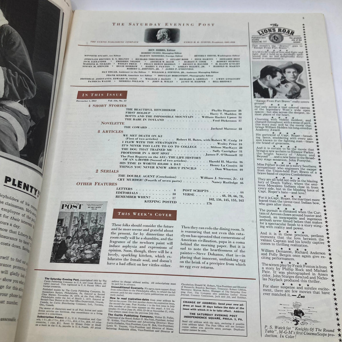 Inside spread of the Saturday Evening Post Magazine December 5 1953 featuring articles, short stories, and advertisements relevant to the era.