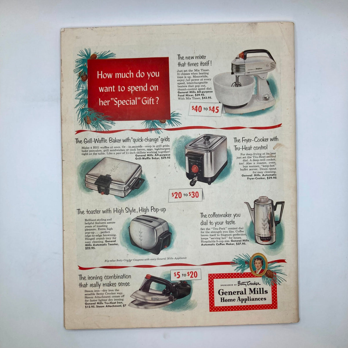 Back cover of the Saturday Evening Post Magazine December 5 1953 displaying vintage advertisements for General Mills home appliances.