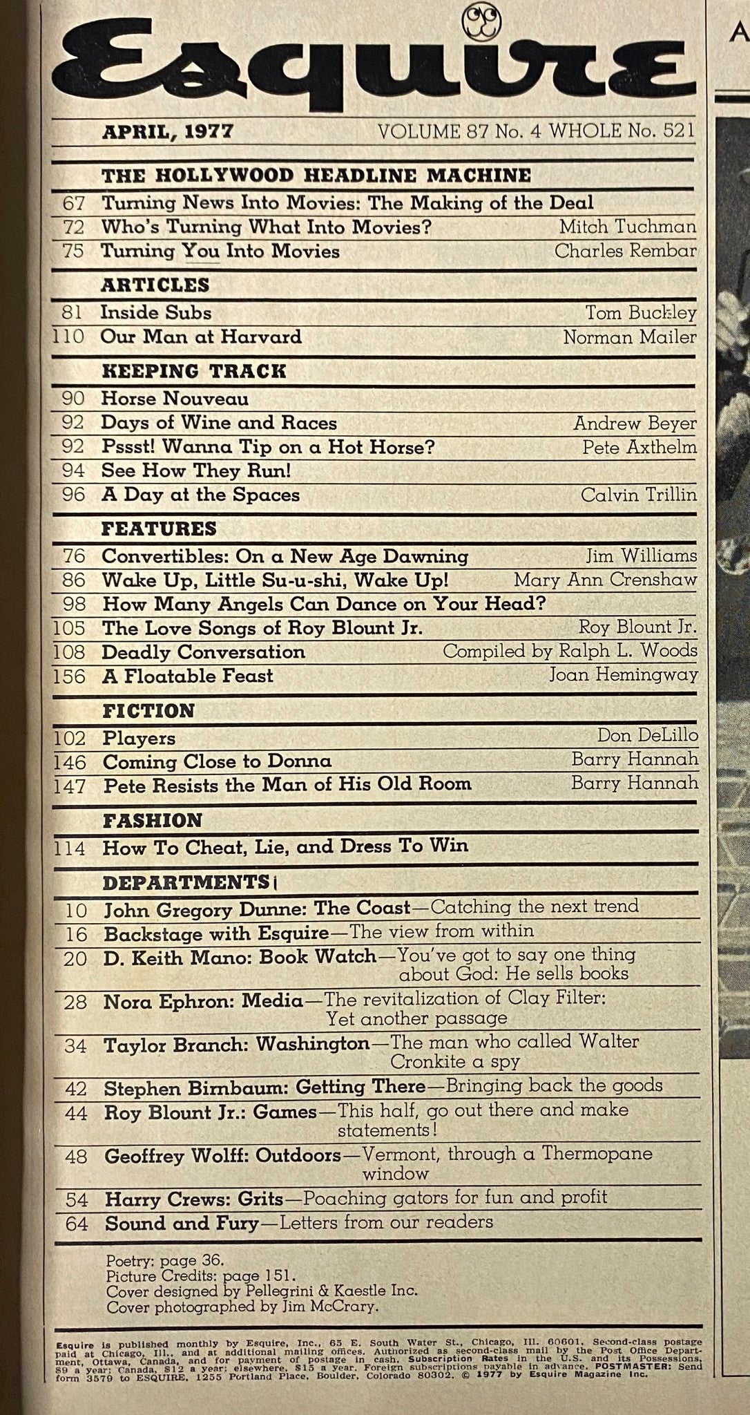 Inside contents page of Esquire Magazine April 1977, featuring the article titles including 'Turning News Into Movies: The Making of the Deal' and contributions from notable writers.