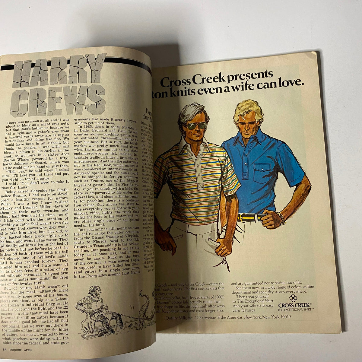 An article spread from Esquire Magazine April 1977, showcasing a feature on Harry Crews along with a vintage advertisement for Cross Creek clothing.