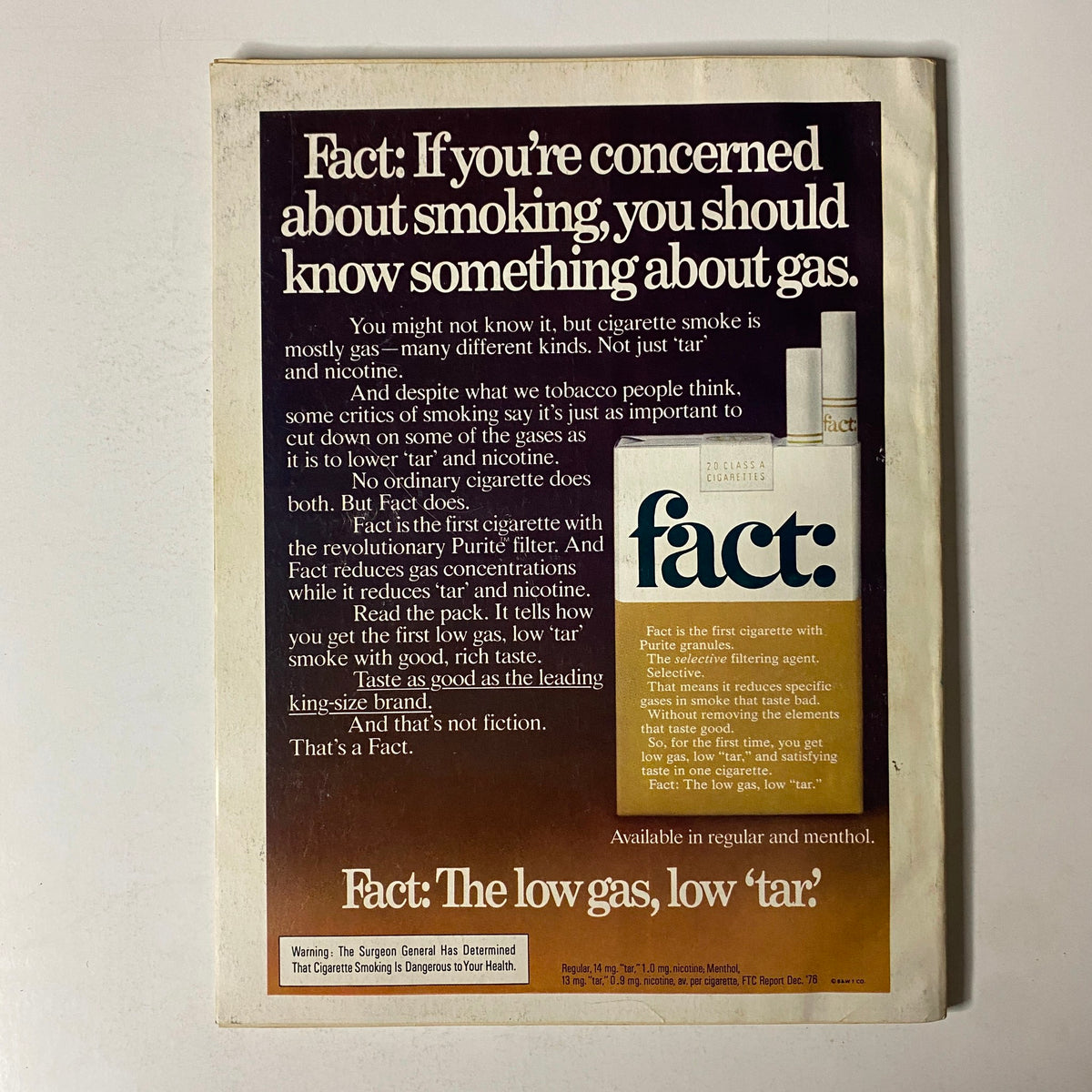 Back cover of Esquire Magazine April 1977, displaying an advertisement for 'Fact' cigarettes, highlighting their features and health statements.