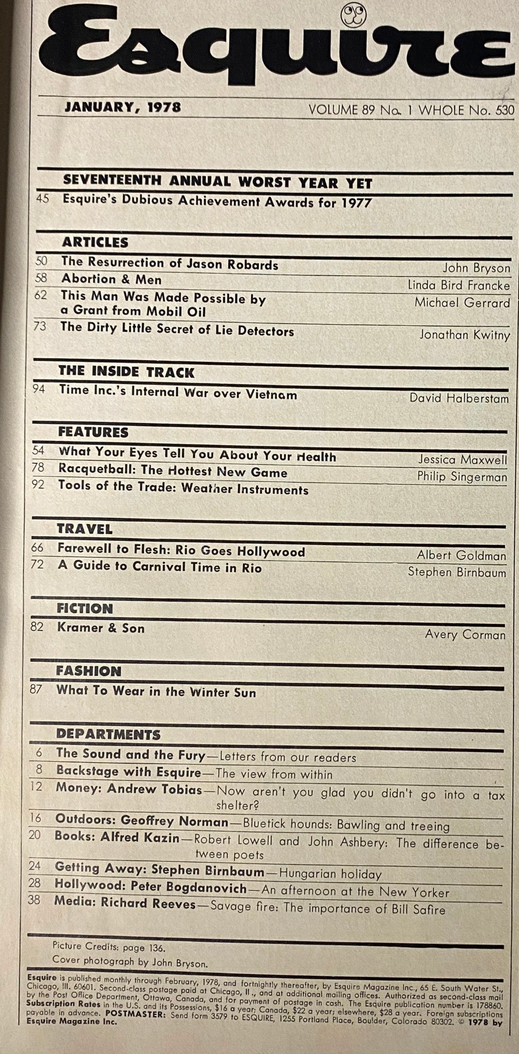 Contents page of Esquire Magazine January 1978 listing articles and features including 'The Resurrection of Jason Robards', providing a glimpse into the magazine's editorial focus and themes.