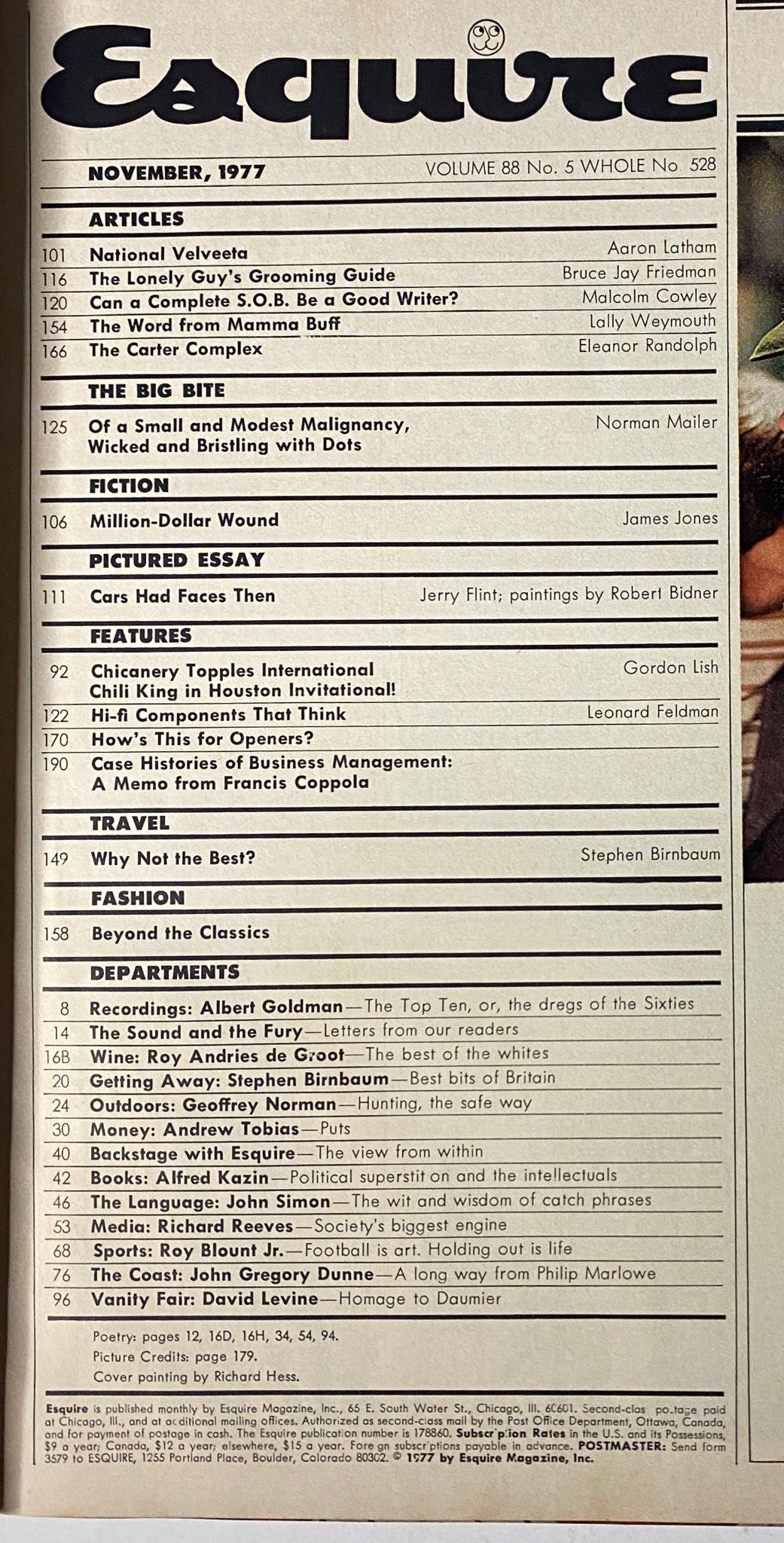 Table of contents from Esquire Magazine November 1977, featuring articles including 'The Lonely Guy’s Grooming Guide' and 'The Carter Complex'.