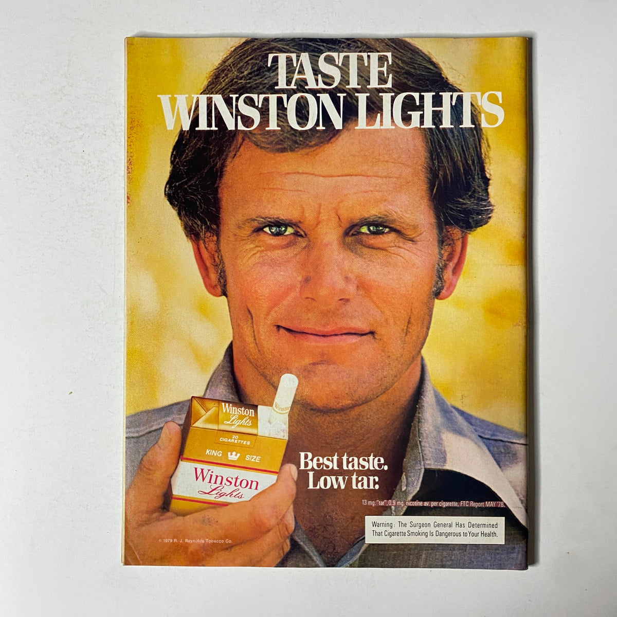 Cover of Esquire Magazine, July 3-19, 1979, featuring an advertisement for Winston Lights cigarettes with a man holding the cigarette pack, emphasizing 'Best taste. Low tar.'