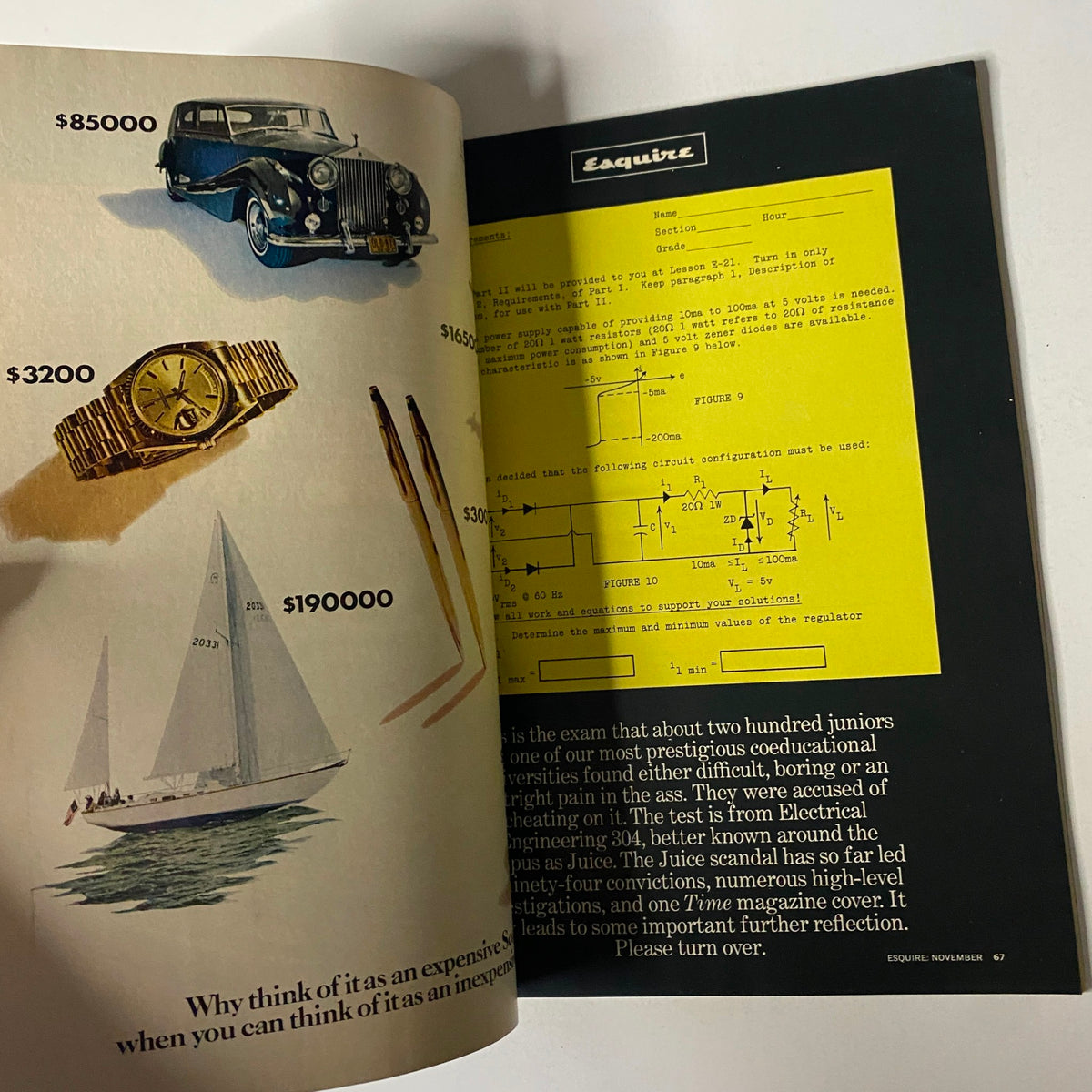 Vintage page spread from Esquire Magazine November 1976 displaying luxury items with prices and an electrical engineering exam illustration.