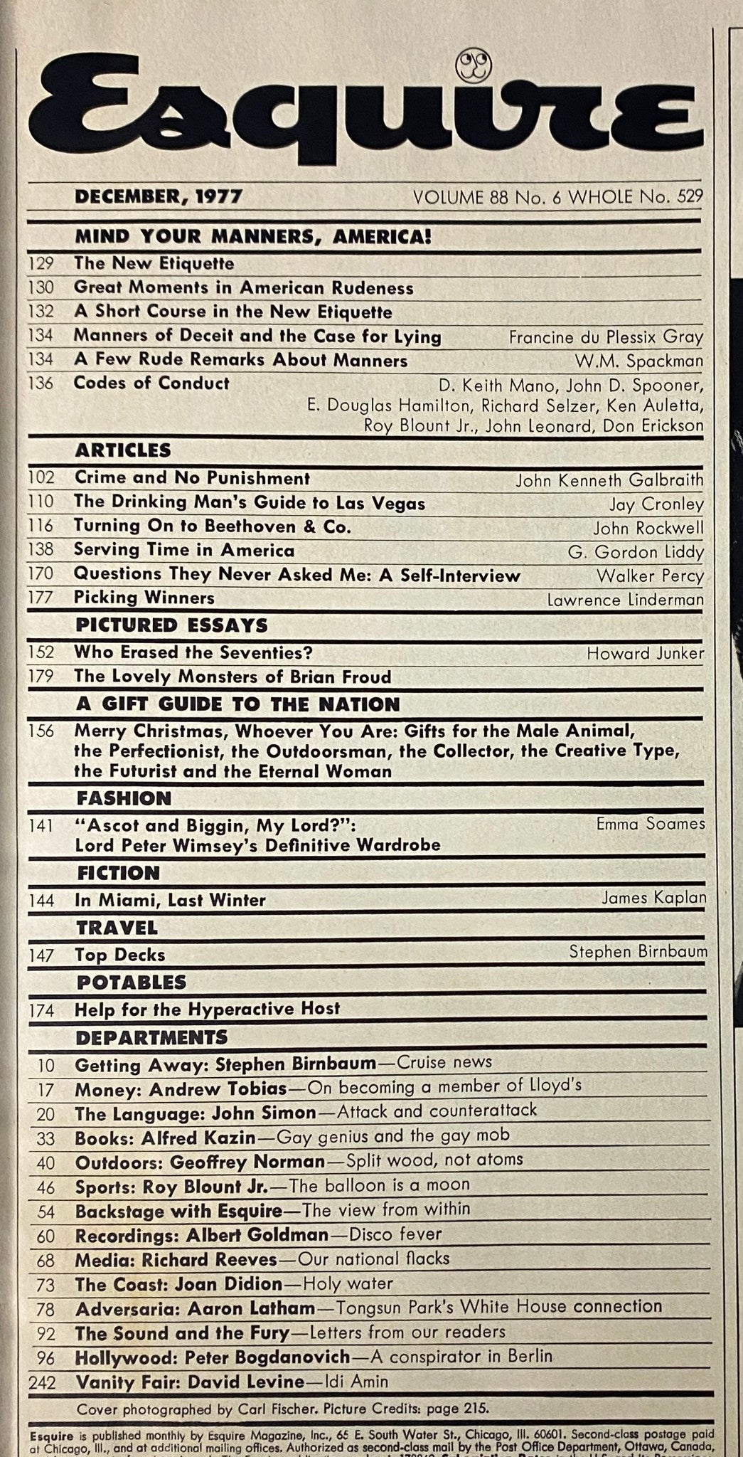 Interior page of Esquire Magazine December 1977 showcasing the table of contents, highlighting articles related to etiquette and cultural reflections.