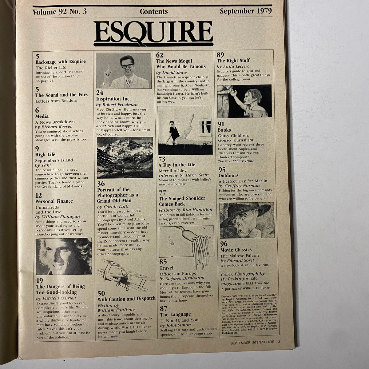 Contents page of Esquire Magazine September 1979, detailing articles including an unpublished short story by William Faulkner and various cultural topics.