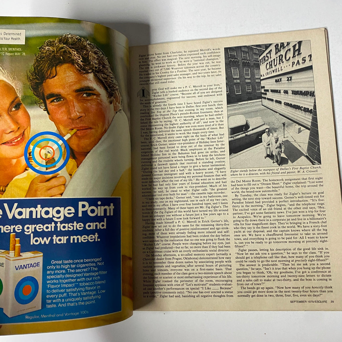 Inside pages of Esquire Magazine September 1979, highlighting a feature about cigarette advertising alongside an article related to William Faulkner.