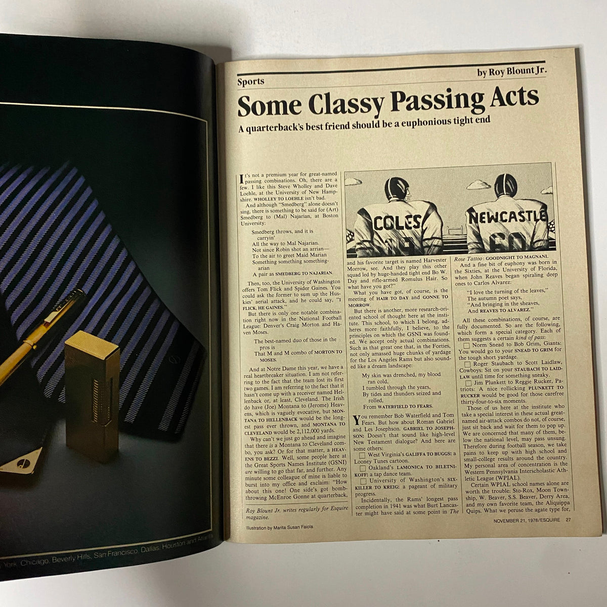 Inside page of Esquire Magazine November 21, 1978 featuring an article titled 'Some Classy Passing Acts' discussing football and sports culture.