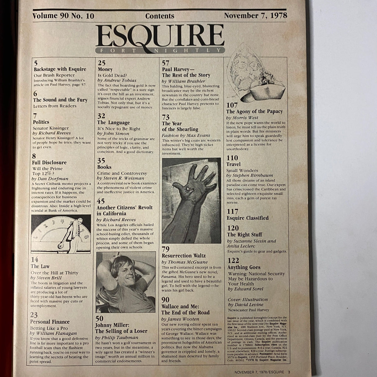 Contents page of Esquire Magazine from November 7, 1978 featuring Newscaster Paul Harvey. Highlights include various articles on politics, finance, and pop culture, showcasing the layout and editorial focus of the issue.