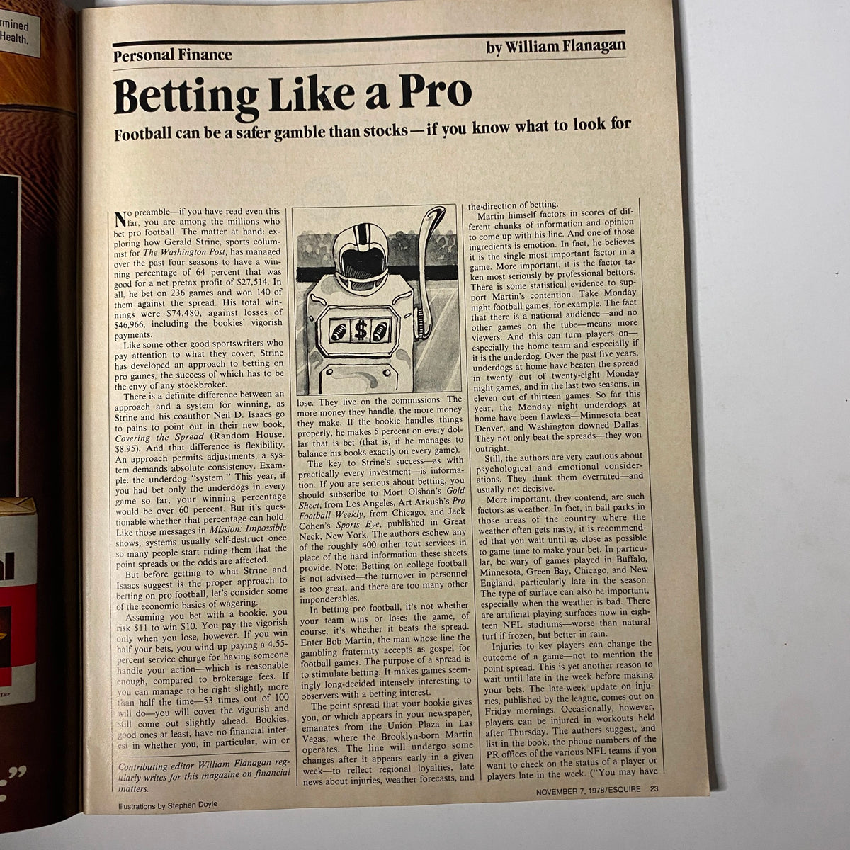 Article page from Esquire Magazine November 7, 1978 titled 'Betting Like a Pro' by William Flanagan, discussing financial strategies in betting on football, with illustrations and insights relevant to sports betting.