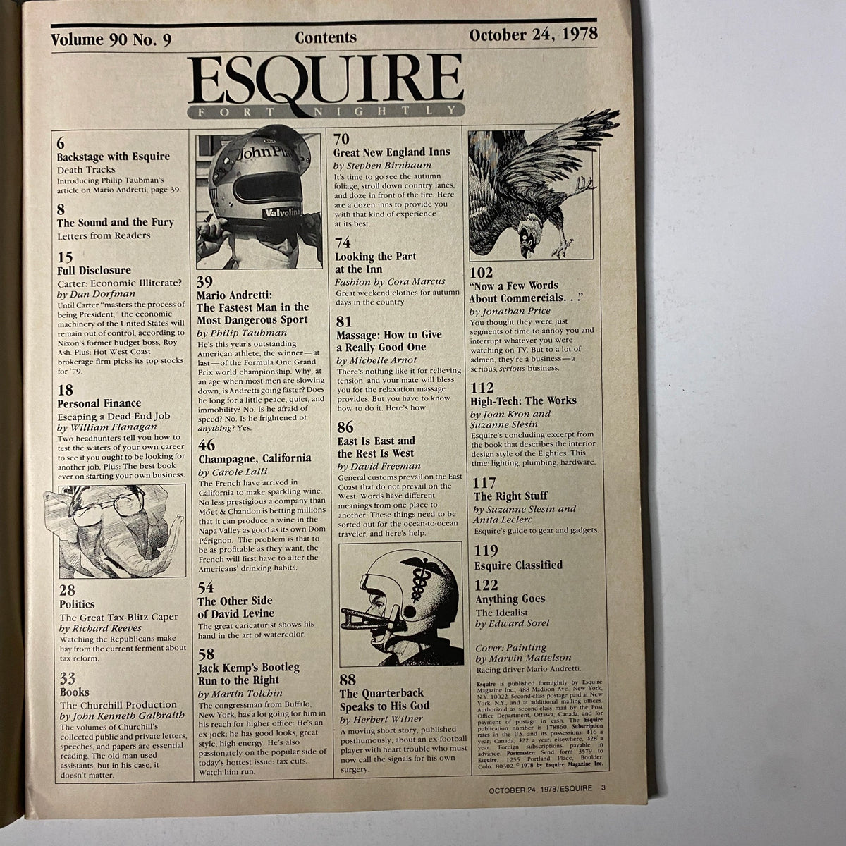 Contents page of Esquire Magazine from October 24, 1978, listing articles including a feature on Mario Andretti, showcasing the magazine's diverse range of topics and cultural insights.