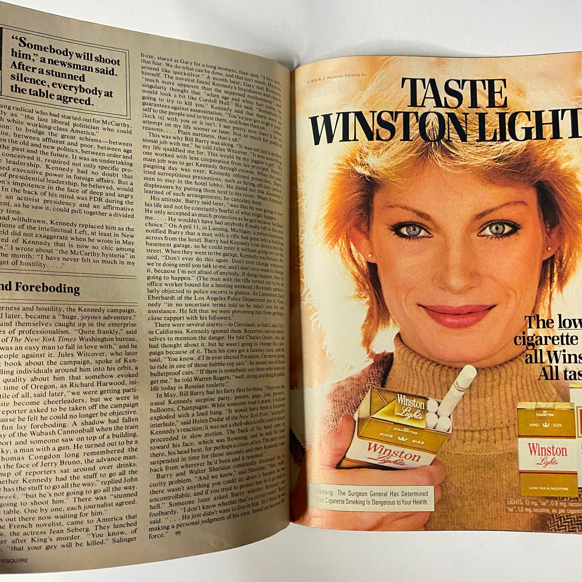 Page from Esquire Magazine August 15, 1978 featuring an advertisement for Winston Light cigarettes.