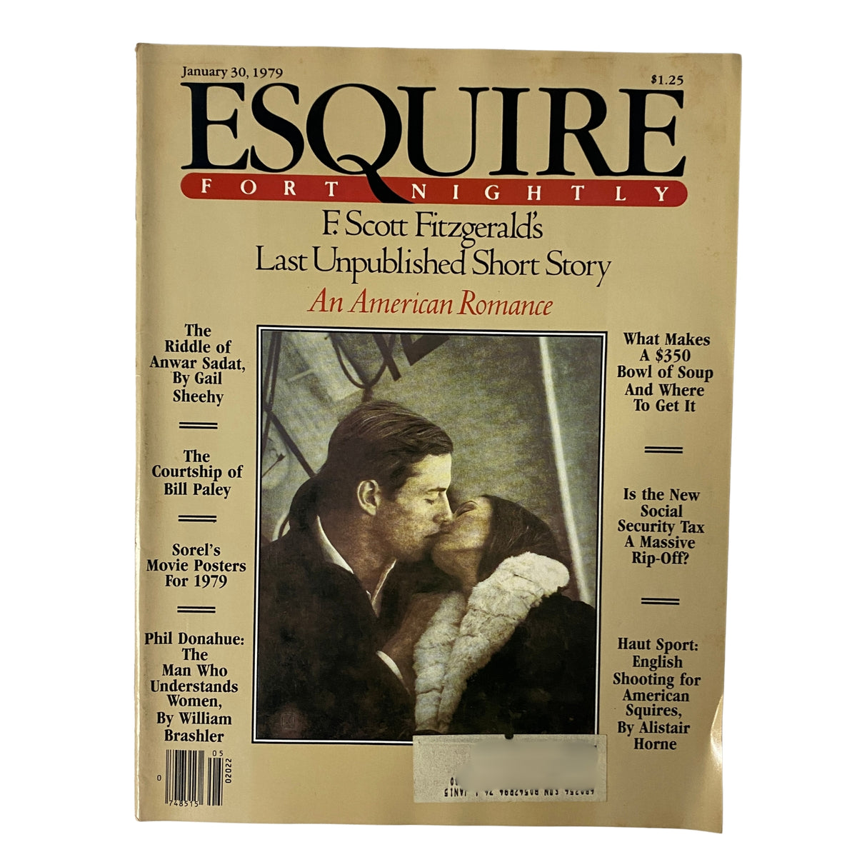 Esquire Magazine from January 30, 1979 featuring F. Scott Fitzgerald's Last Unpublished Short Story titled 'An American Romance' on the cover, showcasing a romantic photograph. The magazine includes articles such as 'The Riddle of Anwar Sadat' by Gail Sheehy and commentary on cultural topics.