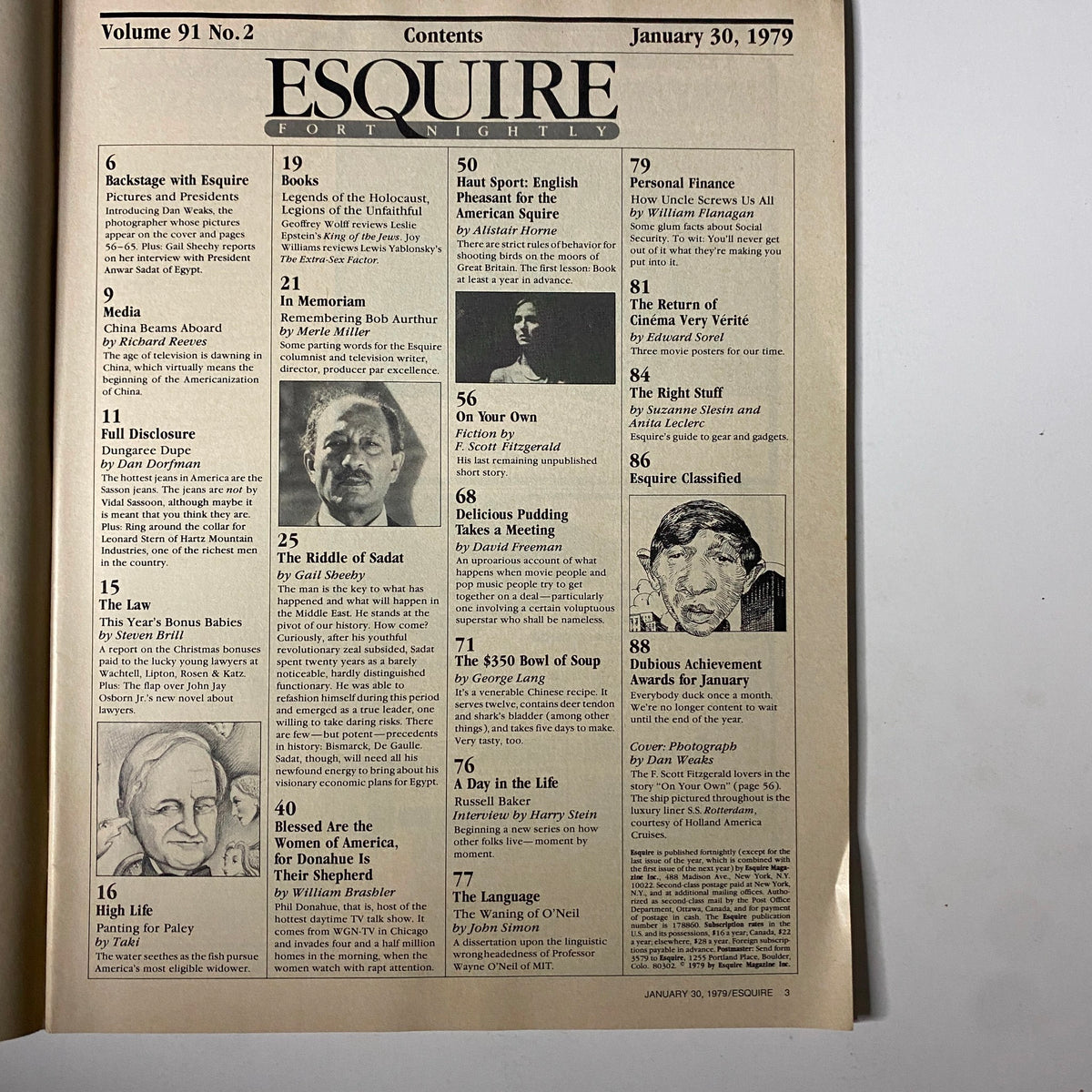 Contents page of the January 30, 1979 Esquire Magazine, featuring an overview of articles including 'On Your Own' by F. Scott Fitzgerald, 'The Riddle of Sadat' by Gail Sheehy, and cultural critiques. The magazine offers insights into the sociopolitical climate of the era.