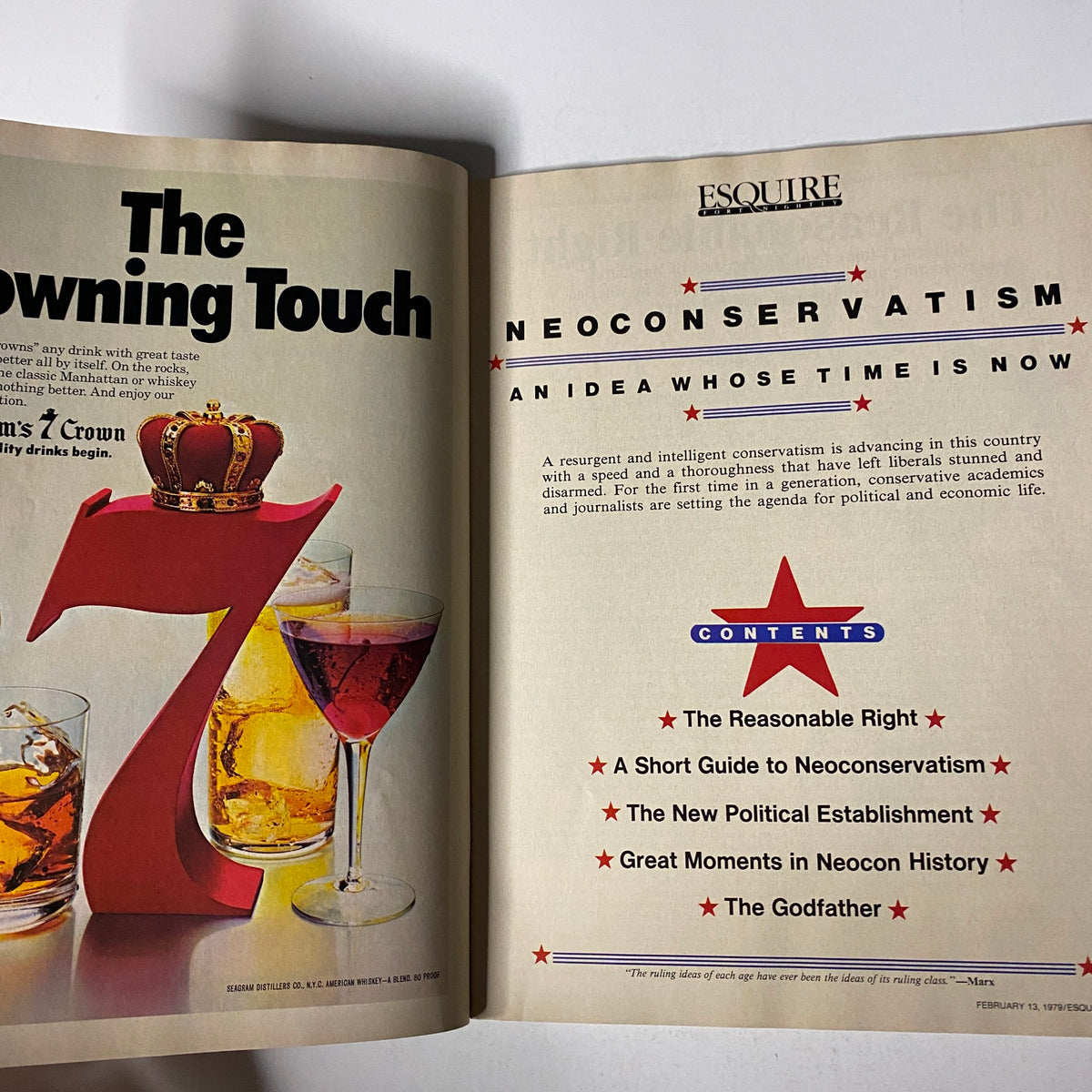 Inside spread of Esquire Magazine February 13, 1979 showcasing a section on Neoconservatism, featuring key topics.