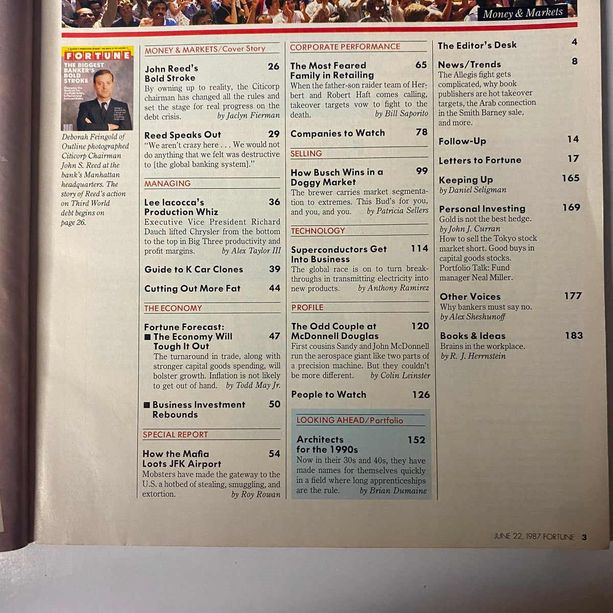 Table of contents from Fortune Magazine June 22, 1987, detailing articles on John Reed's bold strategies, economic forecasts, and corporate performance.