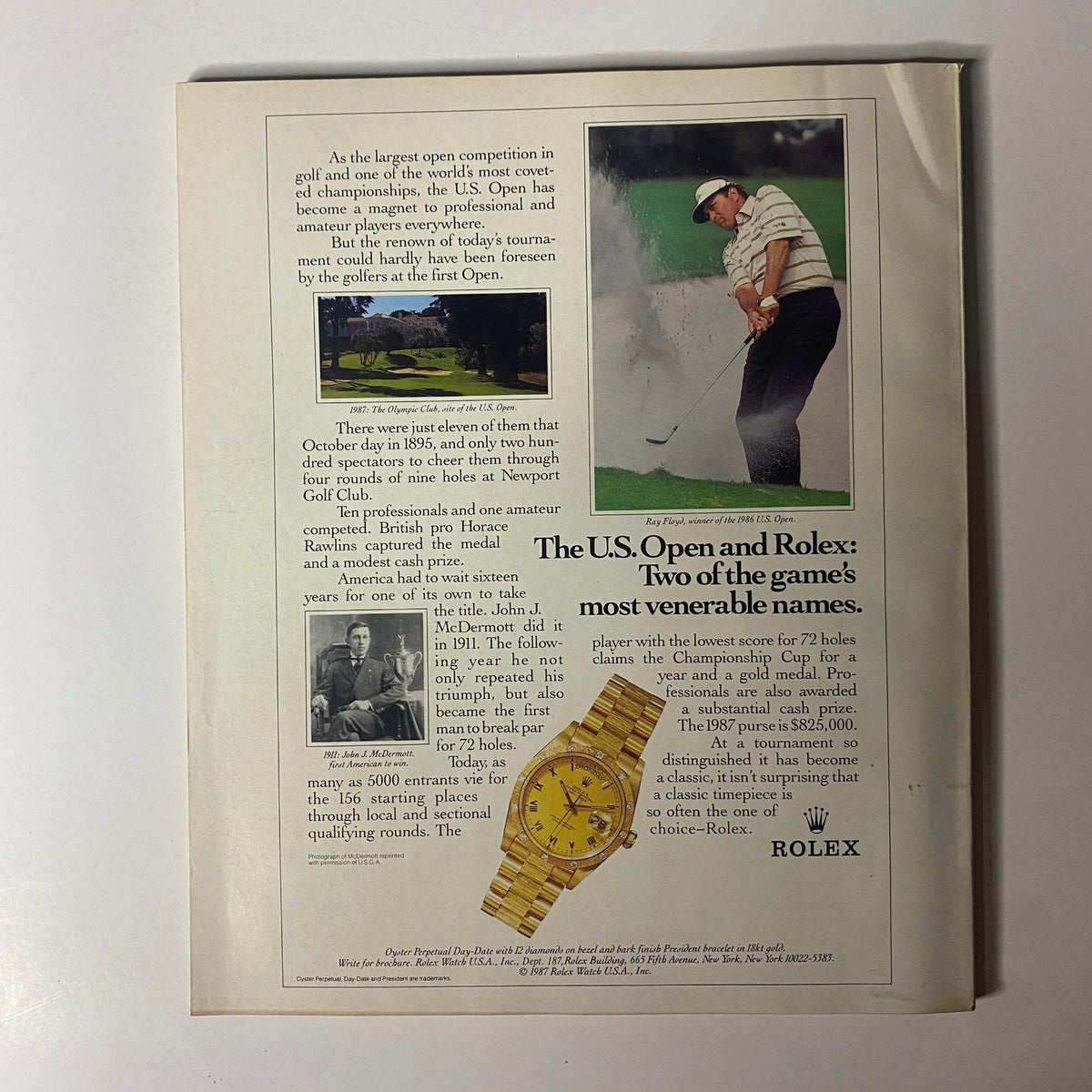 Advertisement from the back of Fortune Magazine June 22, 1987 promoting the U.S. Open golf tournament and a Rolex watch.
