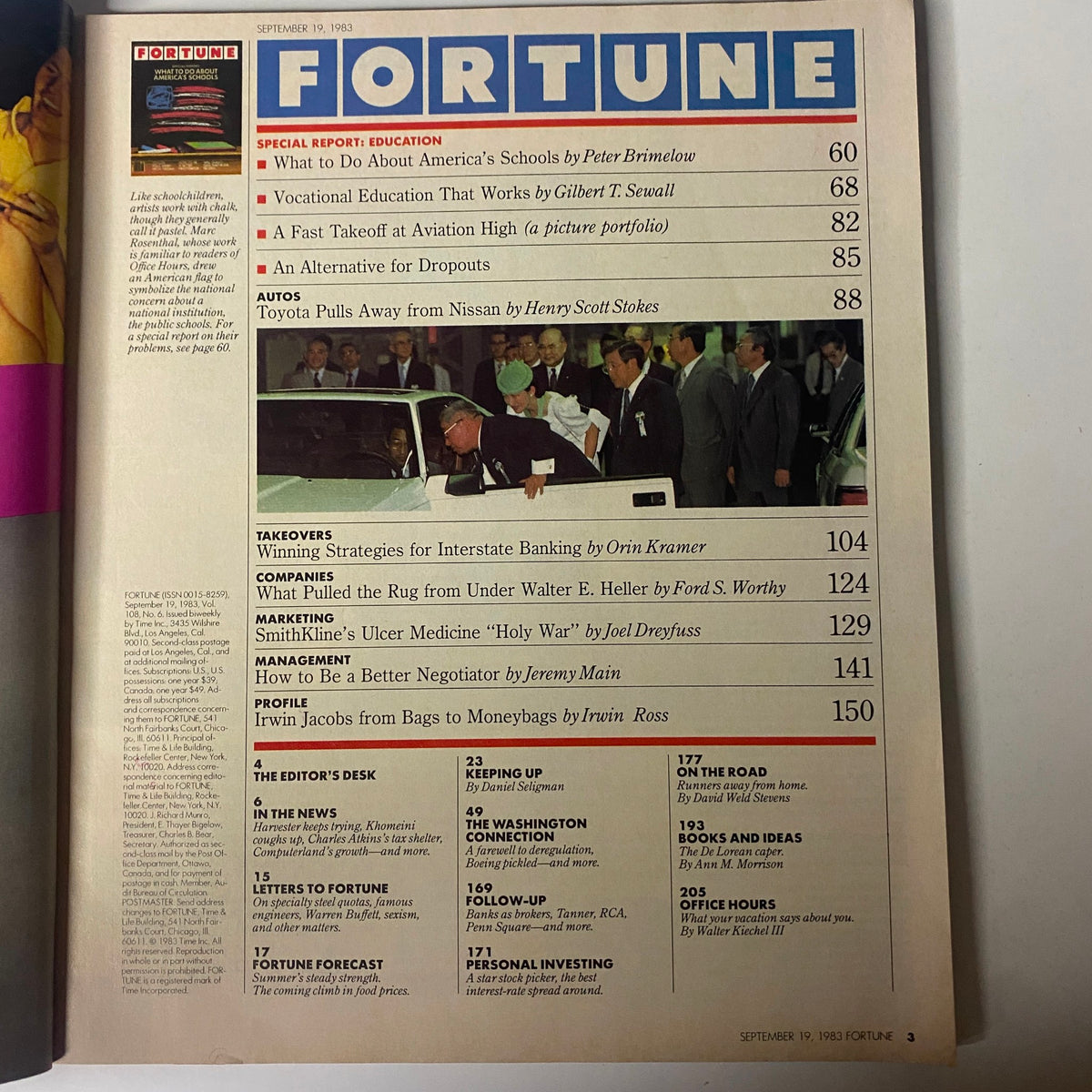Interior page of Fortune Magazine September 19, 1983, listing articles including 'What To Do About America’s Schools' by Peter Brimelow and 'Vocational Education That Works' by Gilbert T. Sewall.