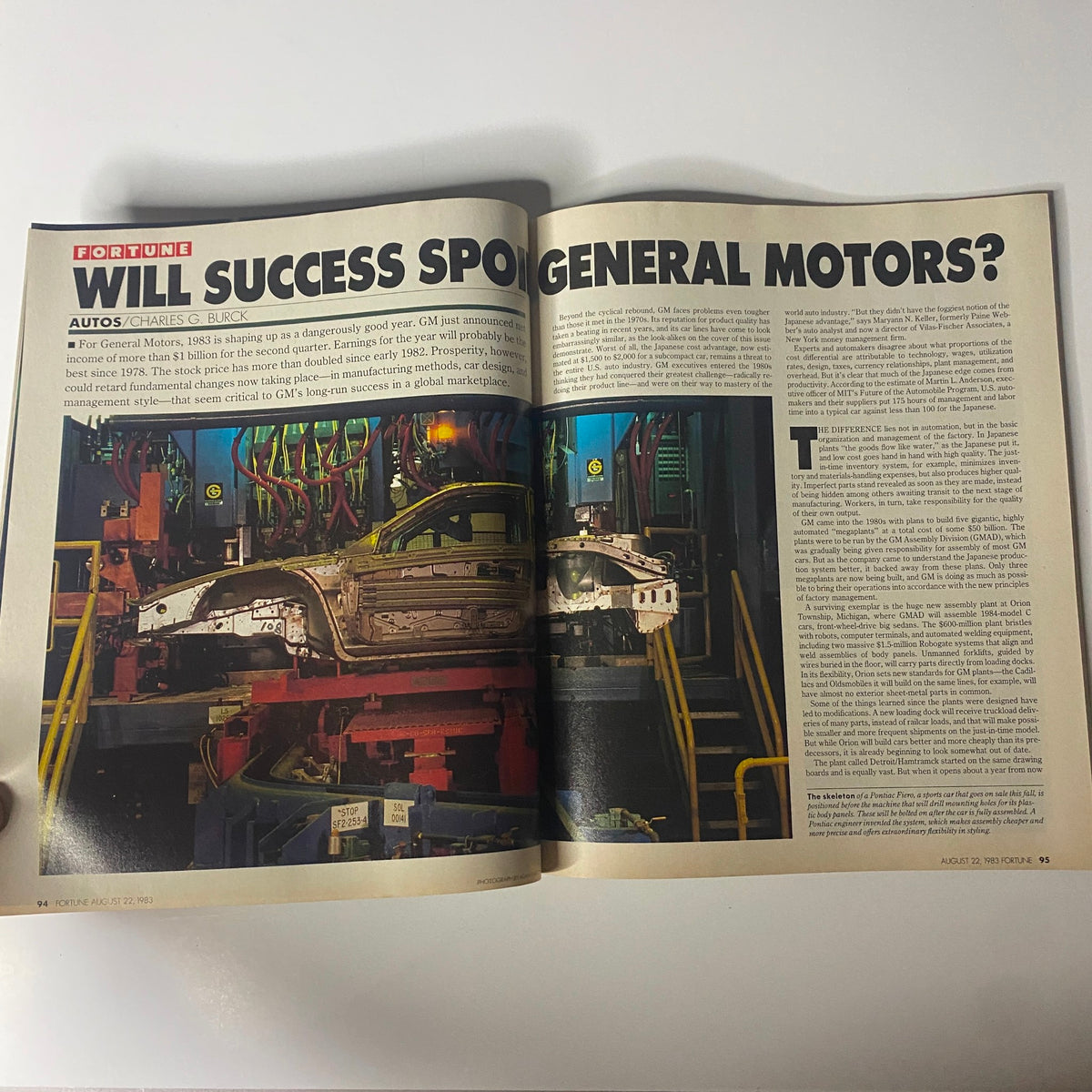 Interior page of Fortune Magazine August 22, 1983, featuring the article 'Will Success Spoil General Motors?' with images of an automotive manufacturing process.