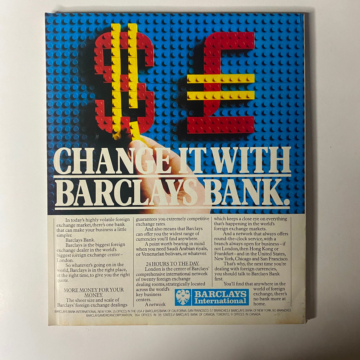 Advertisement page from Fortune Magazine August 22, 1983, promoting Barclays Bank with a colorful design and the tagline 'Change it with Barclays Bank'.