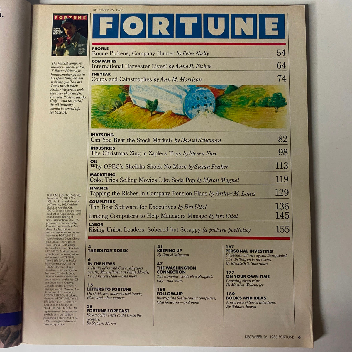 Table of contents for Fortune Magazine December 26, 1983, listing featured articles including Boone Pickens, Company Hunter and topics like International Harvester Lives and investment strategies.
